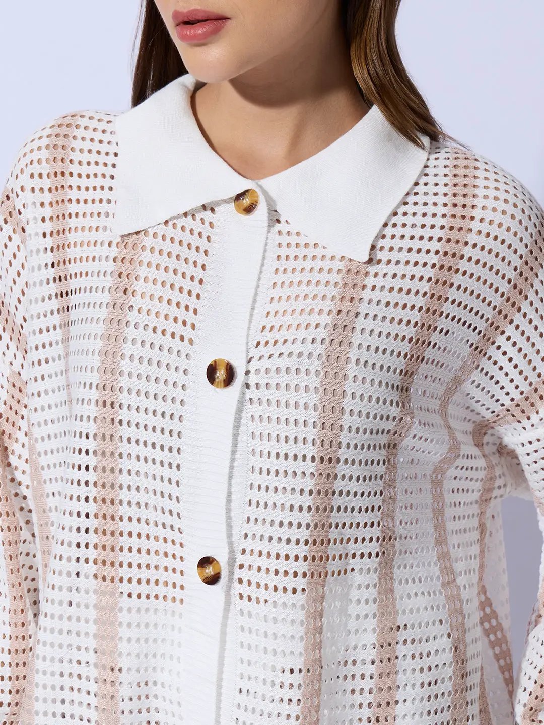 Women's Striped White Crochet Shirt with Trouser Co-ord Set - Uncategorized from SHOWOFFFF