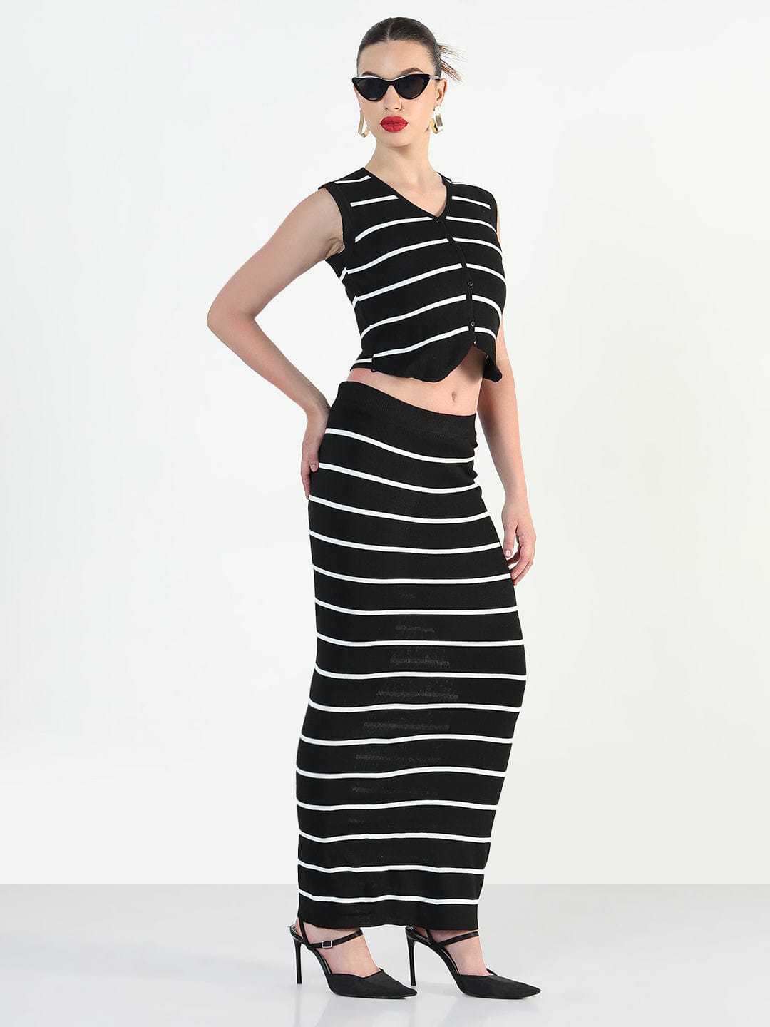 Women's Striped Black Vest Top with Skirt Co-Ords Set