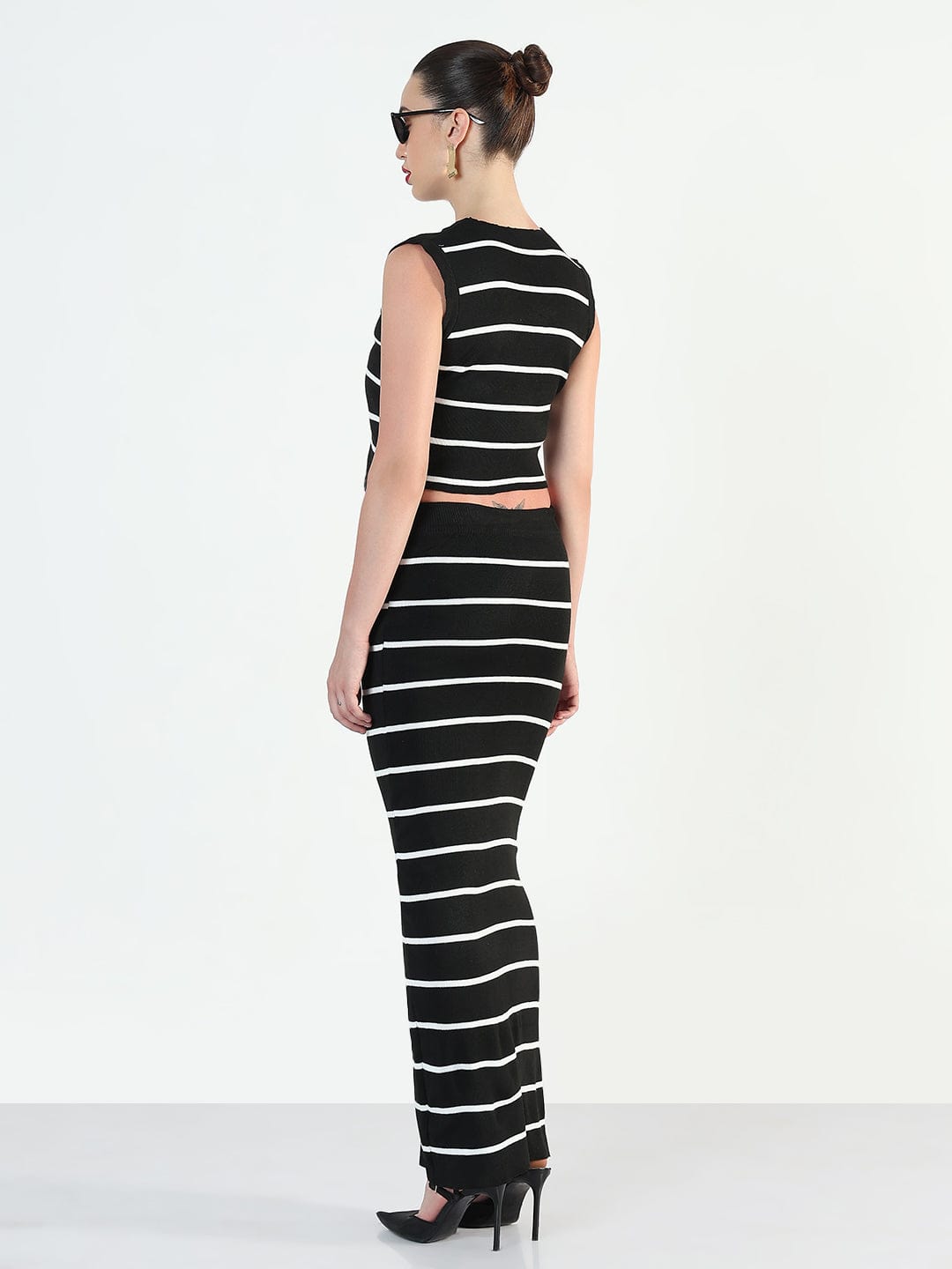 Women's Striped Black Vest Top with Skirt Co-Ords Set