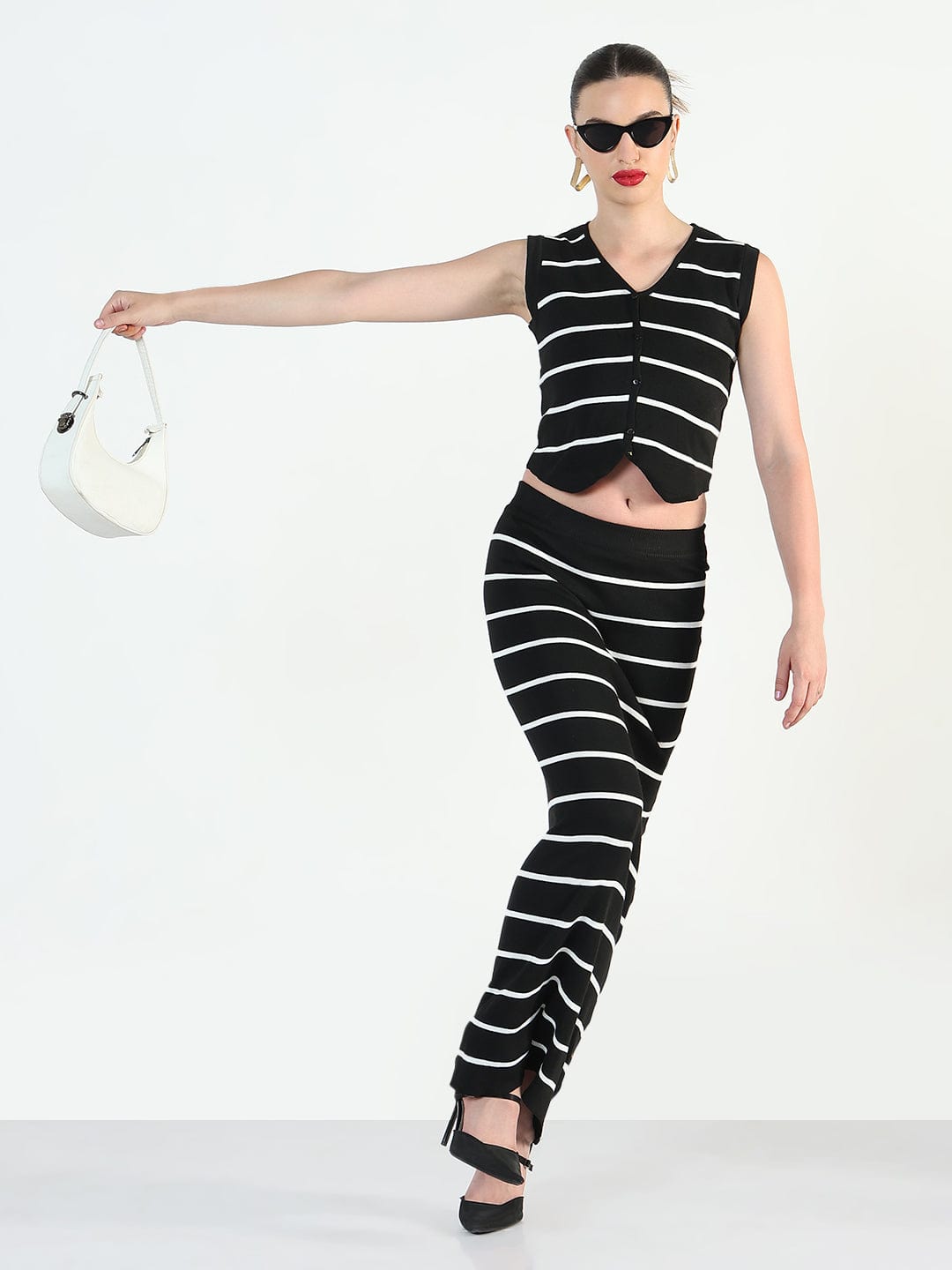 Women's Striped Black Vest Top with Skirt Co-Ords Set