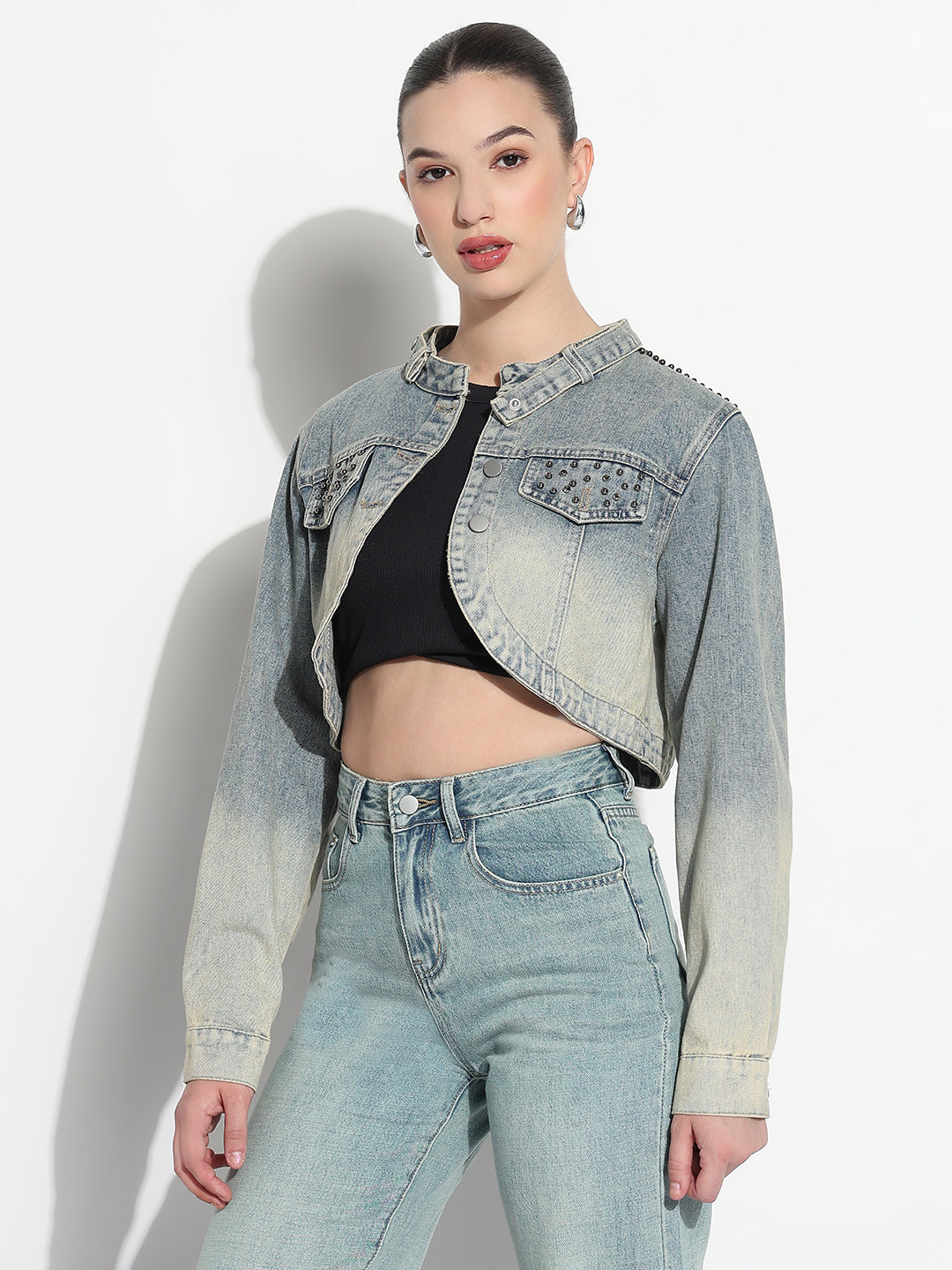 Women's Ombre Blue Mandarin Collar Crop Denim Jacket with Asymmetric Hem