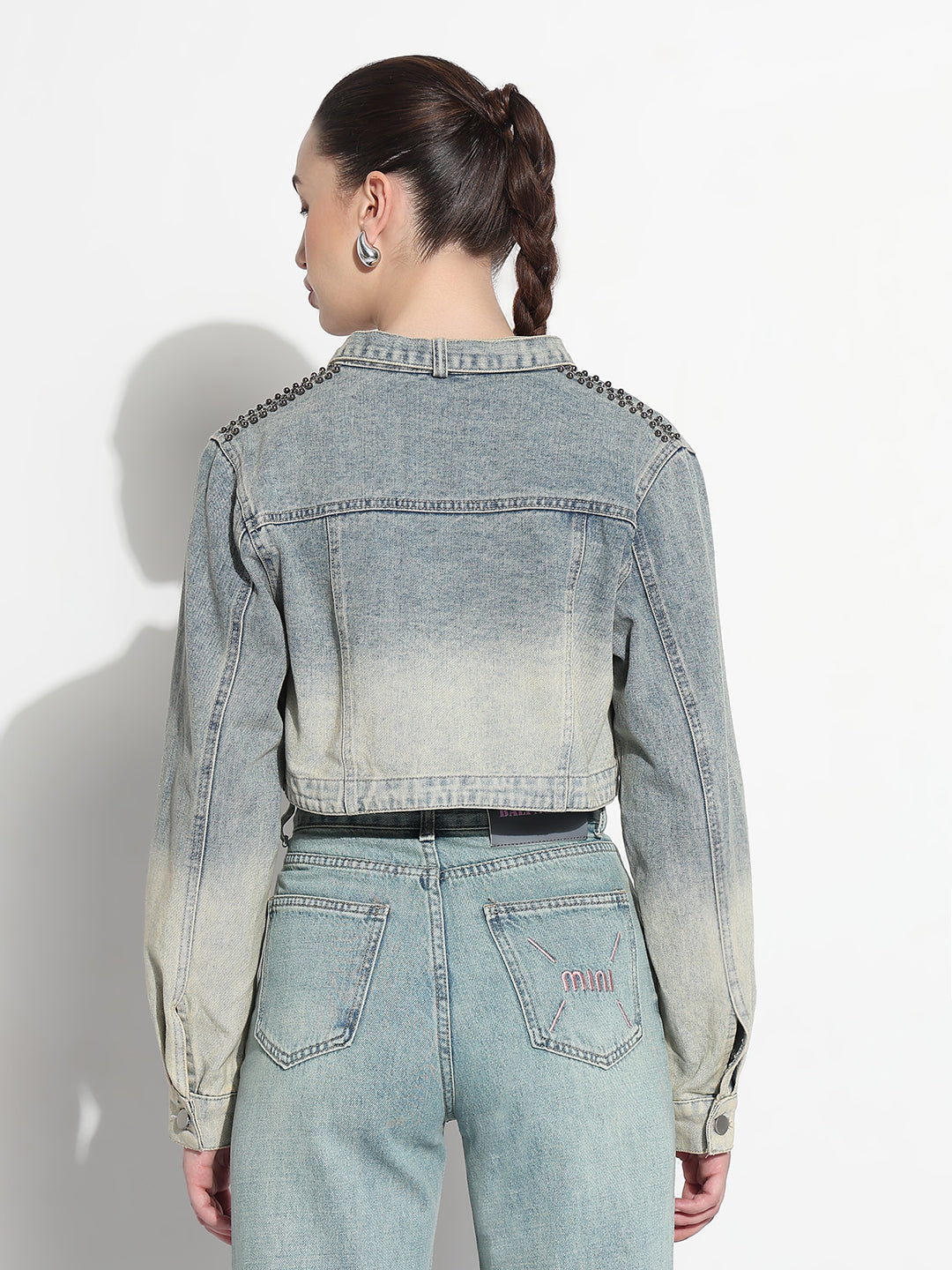 Women's Ombre Blue Mandarin Collar Crop Denim Jacket with Asymmetric Hem