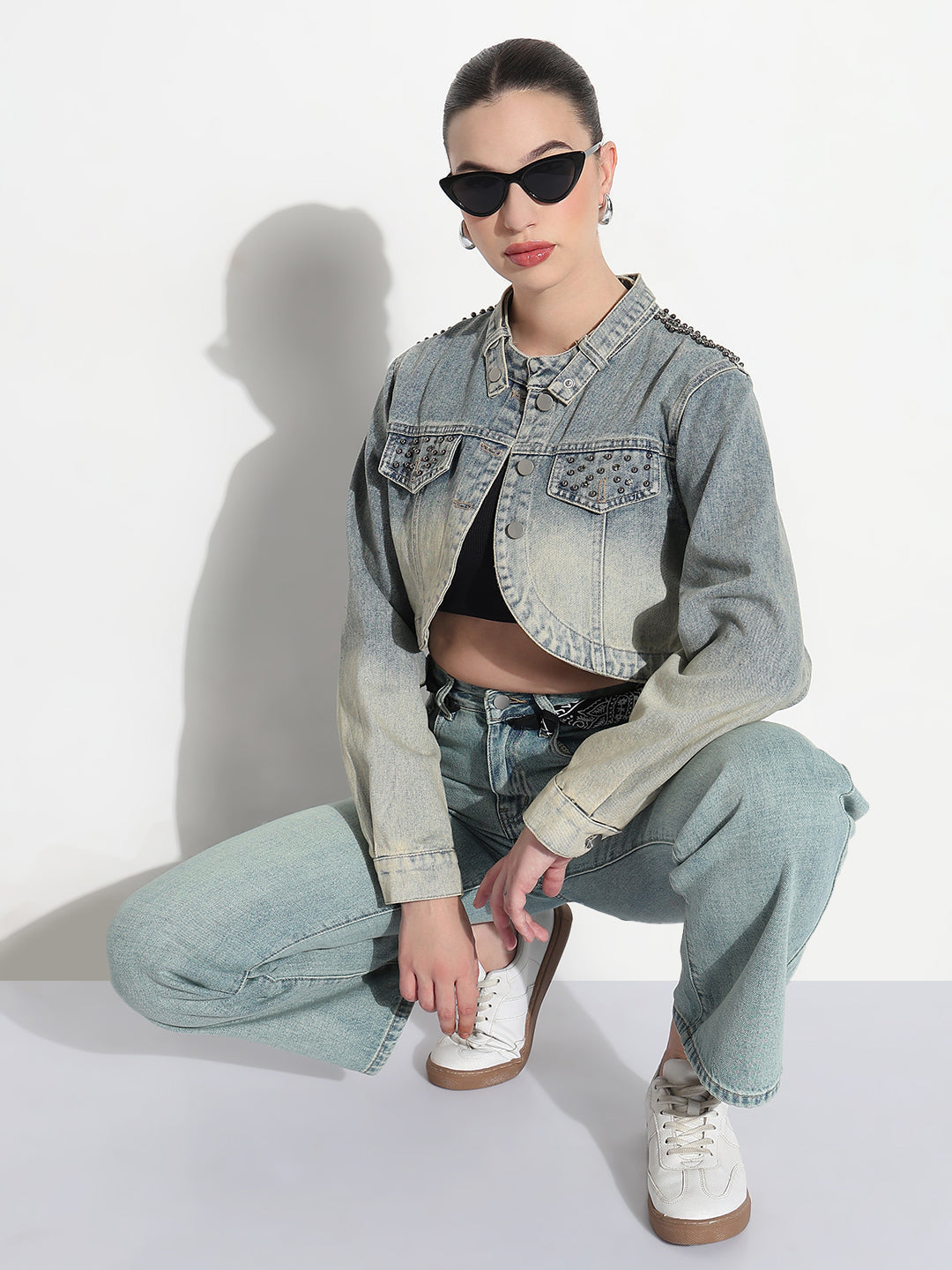 Women's Ombre Blue Mandarin Collar Crop Denim Jacket with Asymmetric Hem