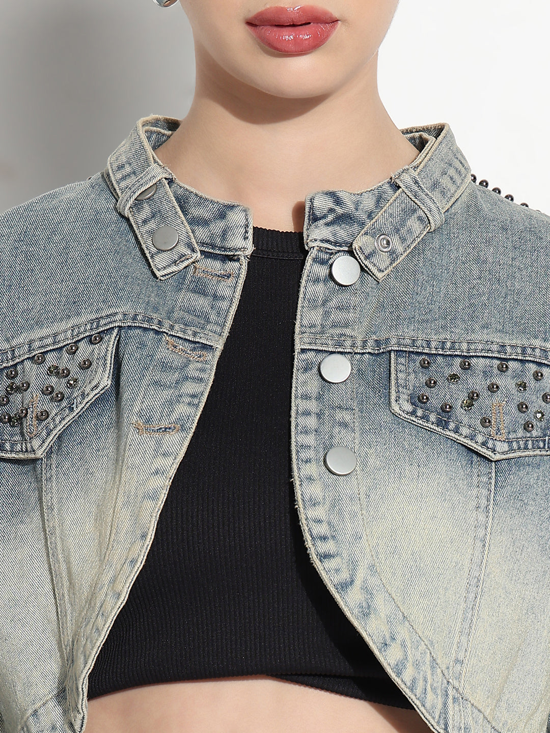 Women's Ombre Blue Mandarin Collar Crop Denim Jacket with Asymmetric Hem