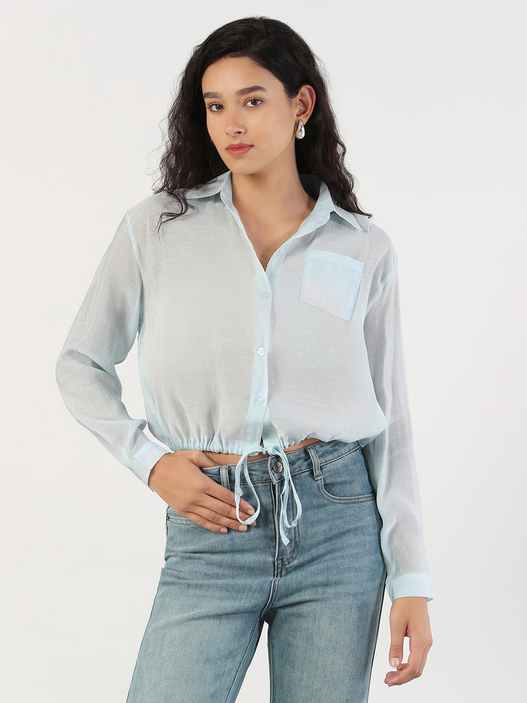 Women Blue Solid Shirt with Hem