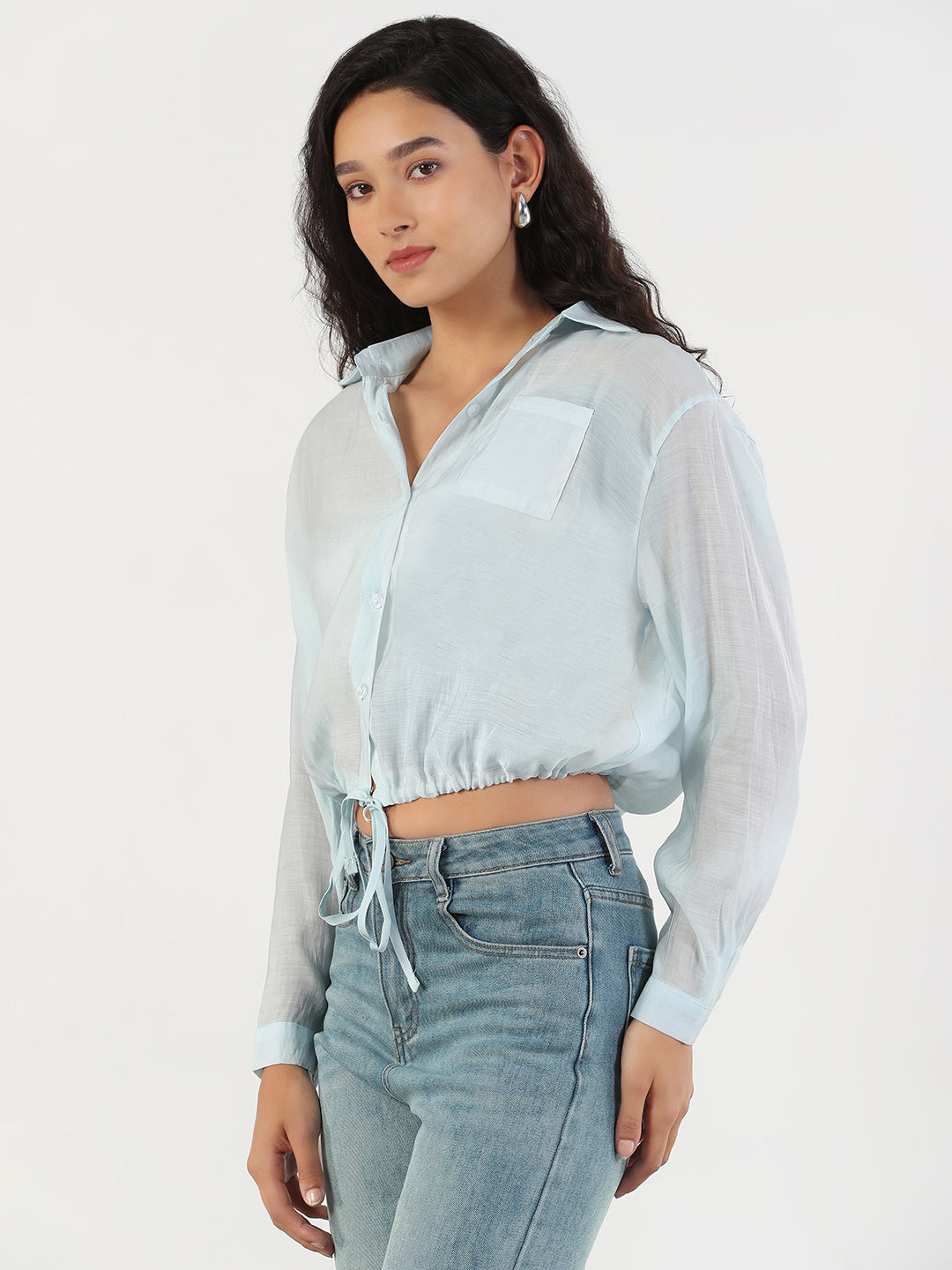 Women Oversized Blue Solid Shirt with Adjustable Hem