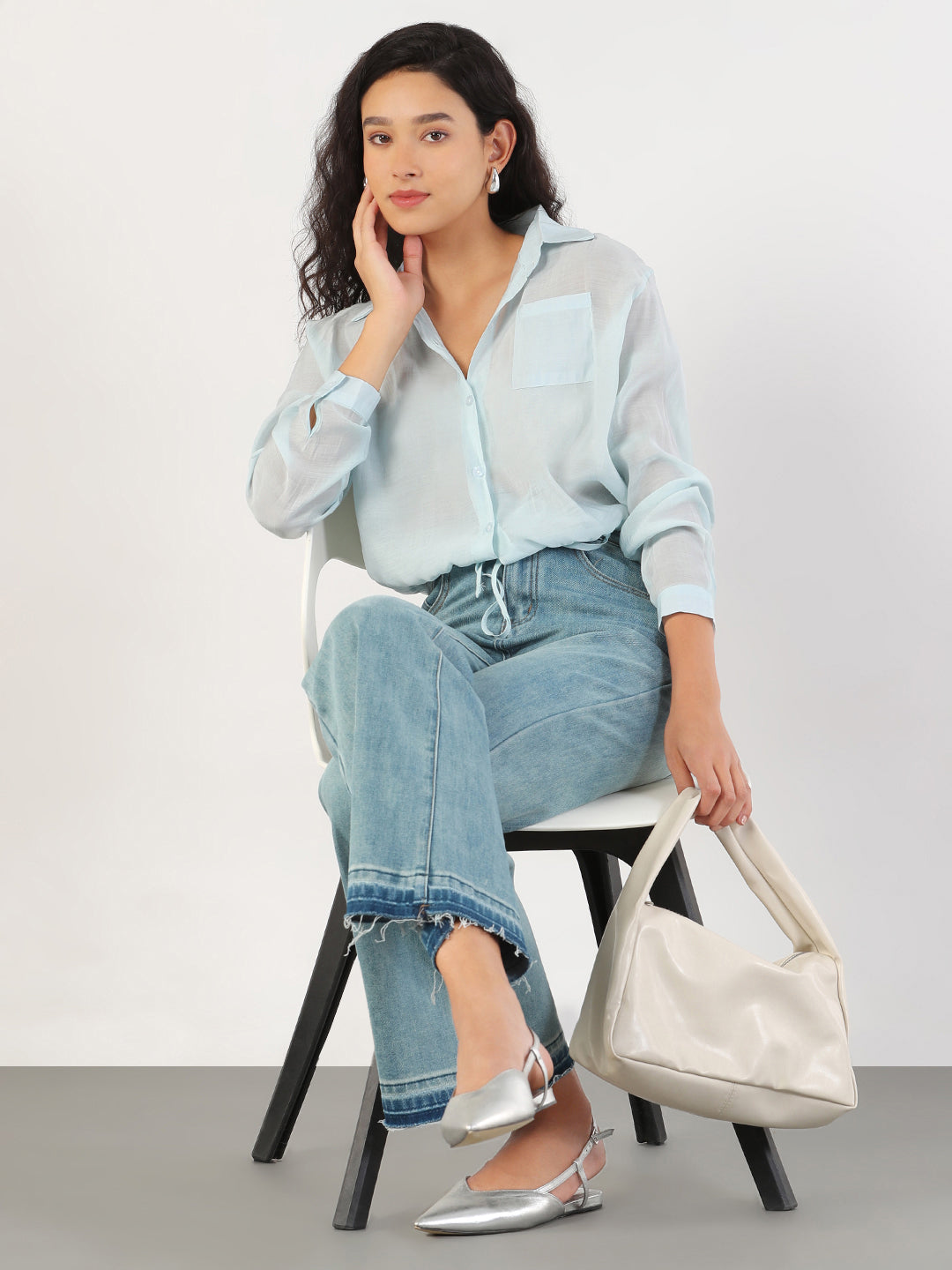 Women Oversized Blue Solid Shirt with Adjustable Hem