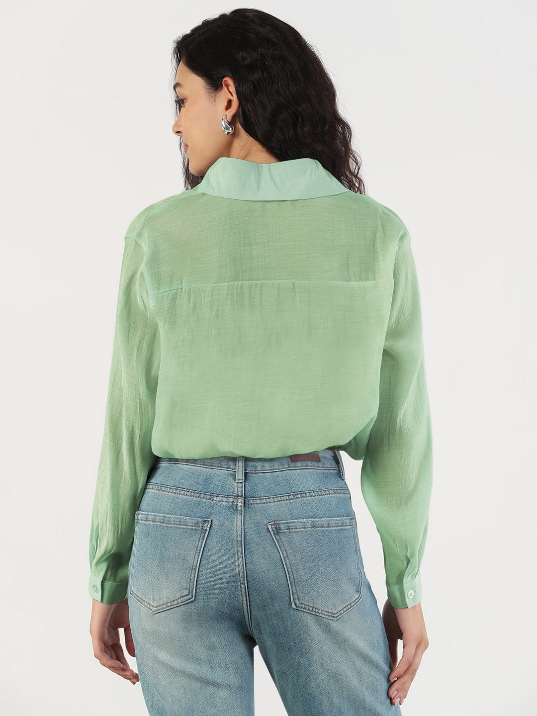 Women's Oversized Green Solid Shirt with Adjustable Hem