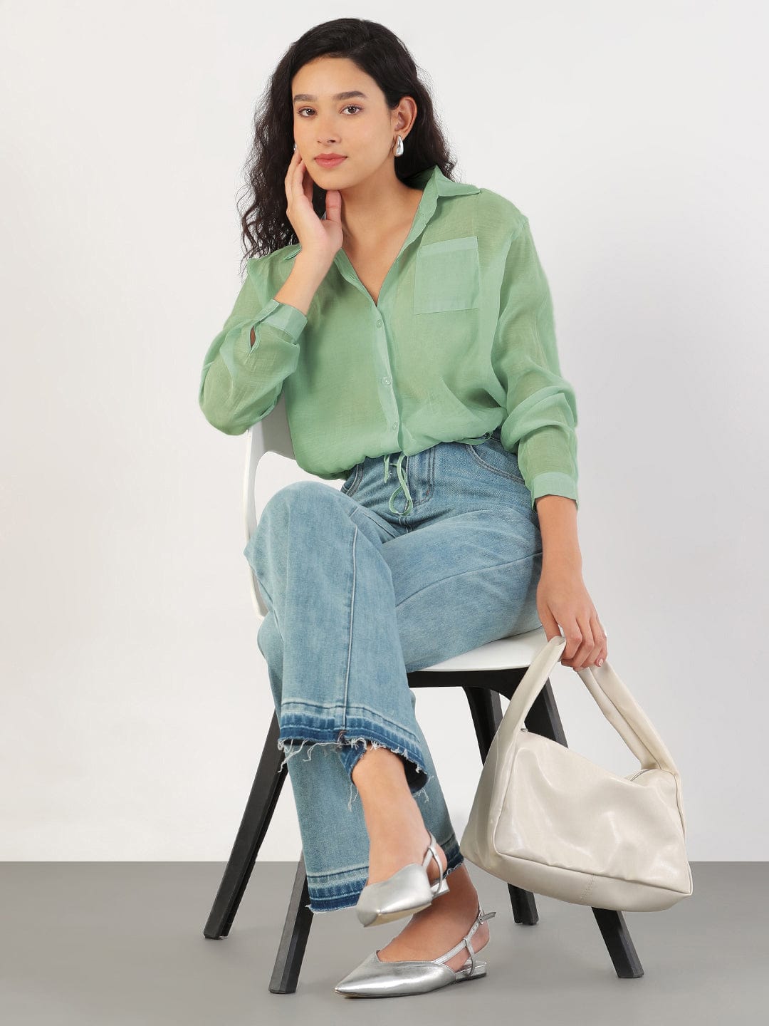 Women's Oversized Green Solid Shirt with Adjustable Hem