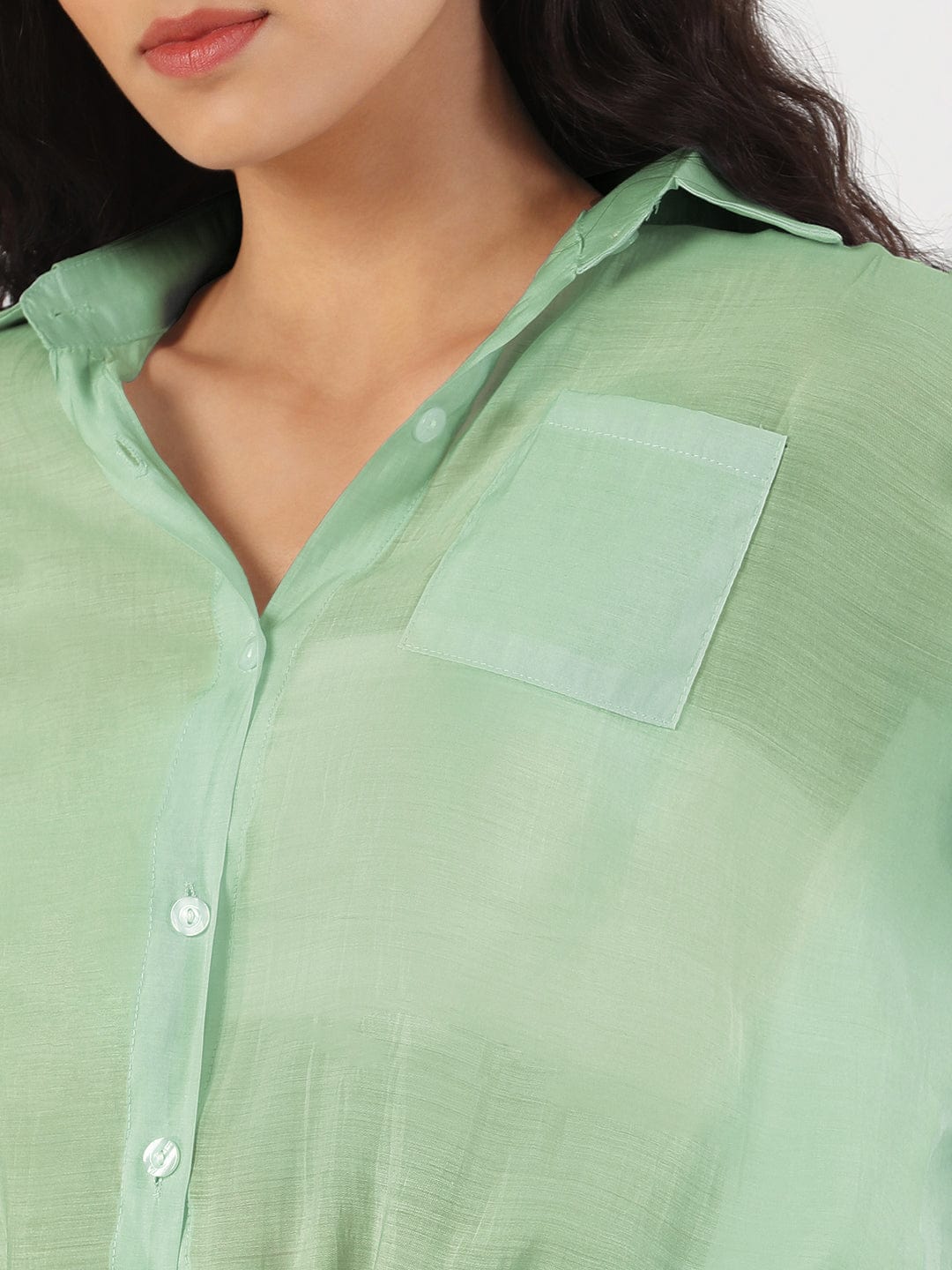 Women's Oversized Green Solid Shirt with Adjustable Hem