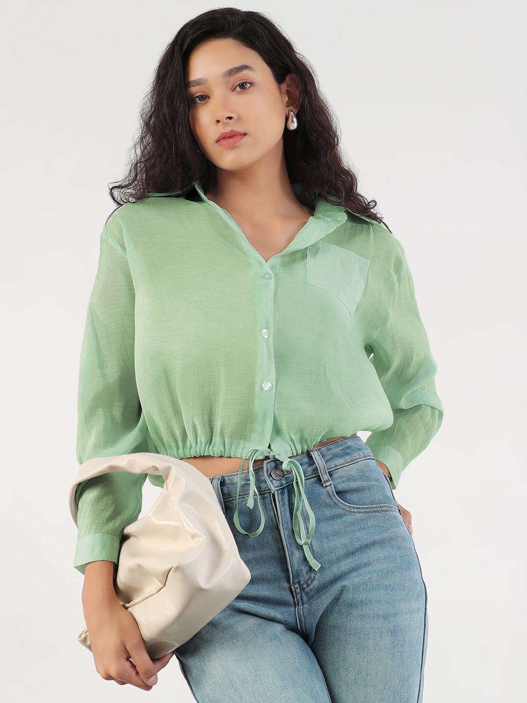 Women's Oversized Green Solid Shirt with Adjustable Hem