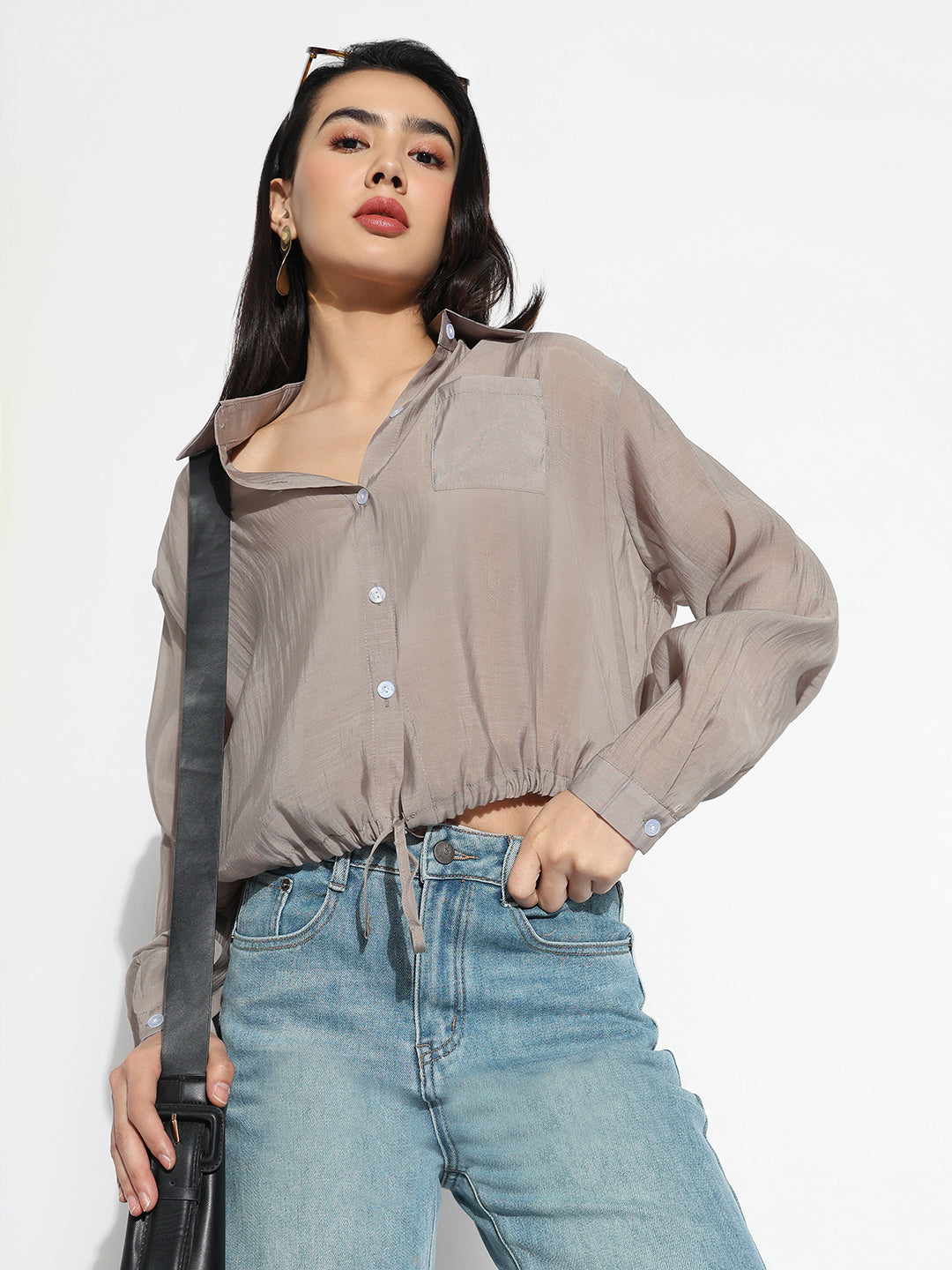 Women Oversized Grey Solid Shirt with Adjustable Hem