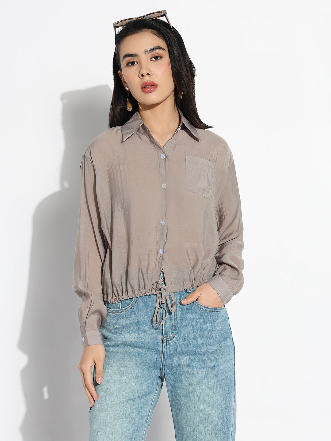 Women Oversized Grey Solid Shirt with Adjustable Hem