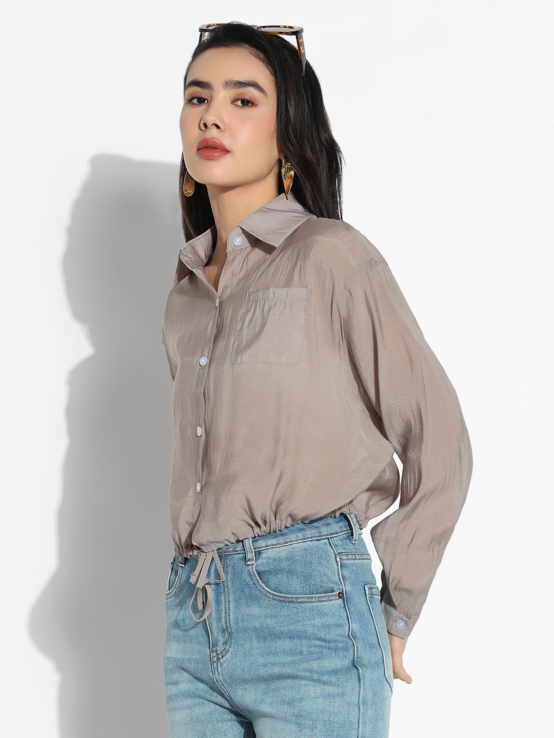 Women Oversized Grey Solid Shirt with Adjustable Hem