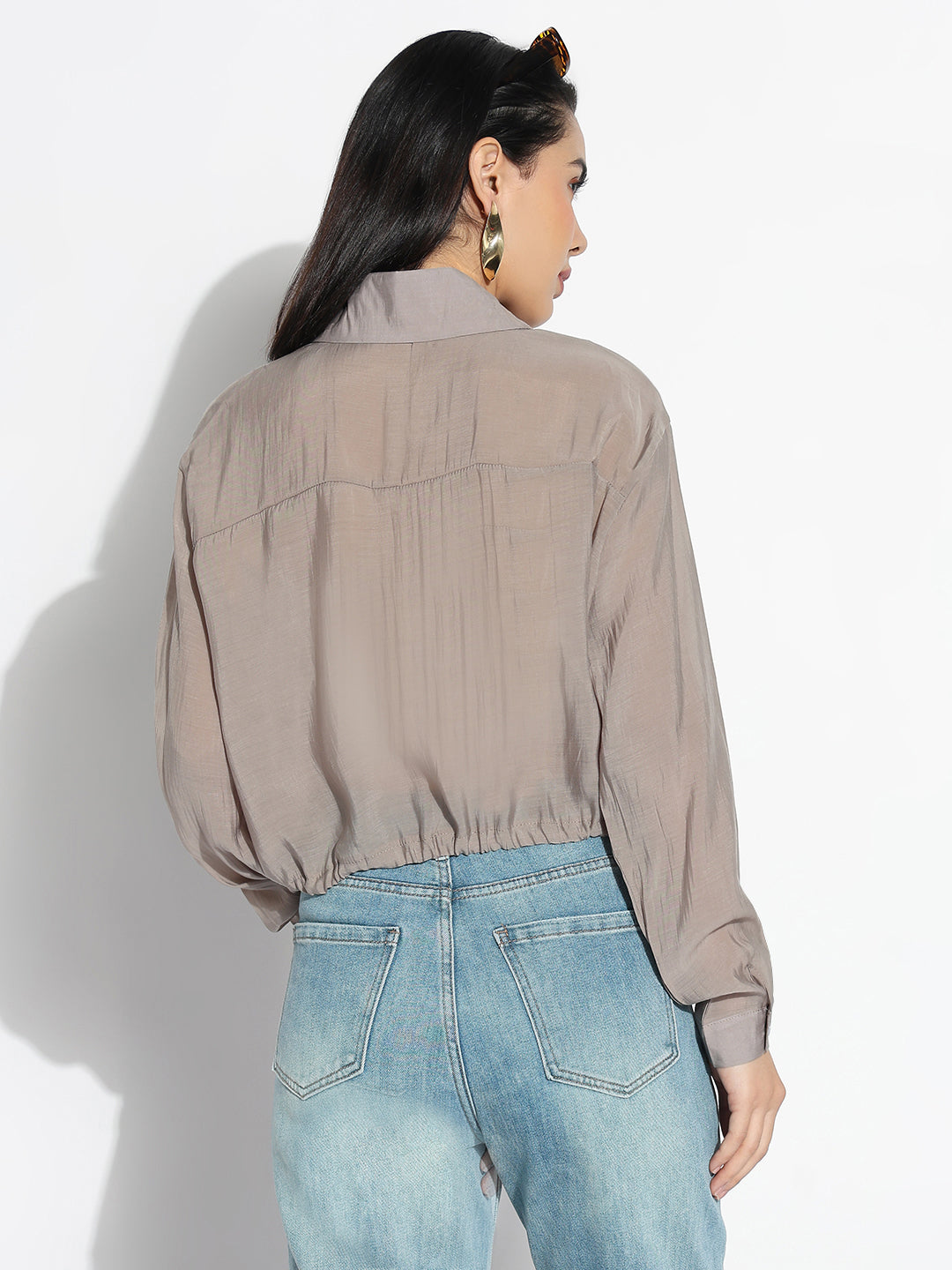 Women Oversized Grey Solid Shirt with Adjustable Hem