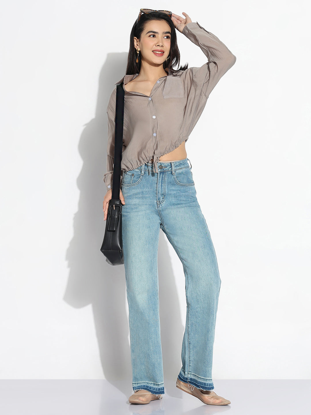 Women Oversized Grey Solid Shirt with Adjustable Hem