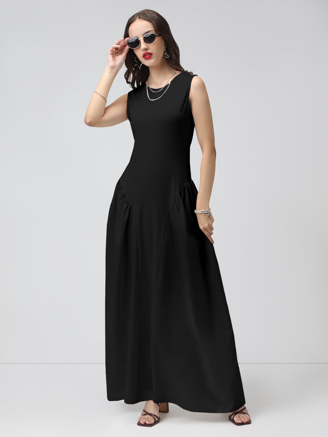 Women's Black Sleeveless Fit and Flare Maxi Dress