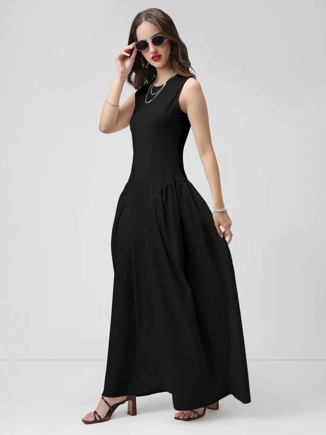 Shop Women's Black Sleeveless Fit and Flare Maxi Dress| Showoffff Shop Women's Black Sleeveless Fit and Flare Maxi Dress| Showoffff