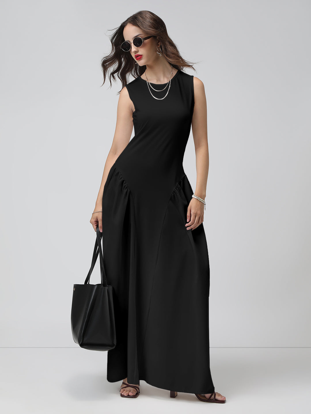 Women's Black Sleeveless Fit and Flare Maxi Dress
