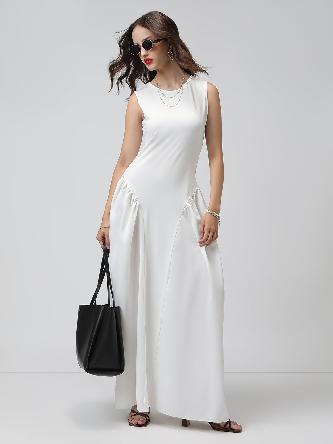 Women's White Sleeveless Fit and Flare Maxi Dress