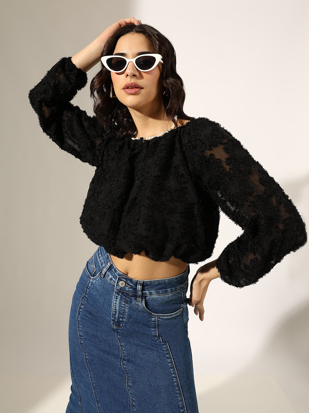 Women's Textured Black Puff Sleeve Crop Top with Pearl Chain