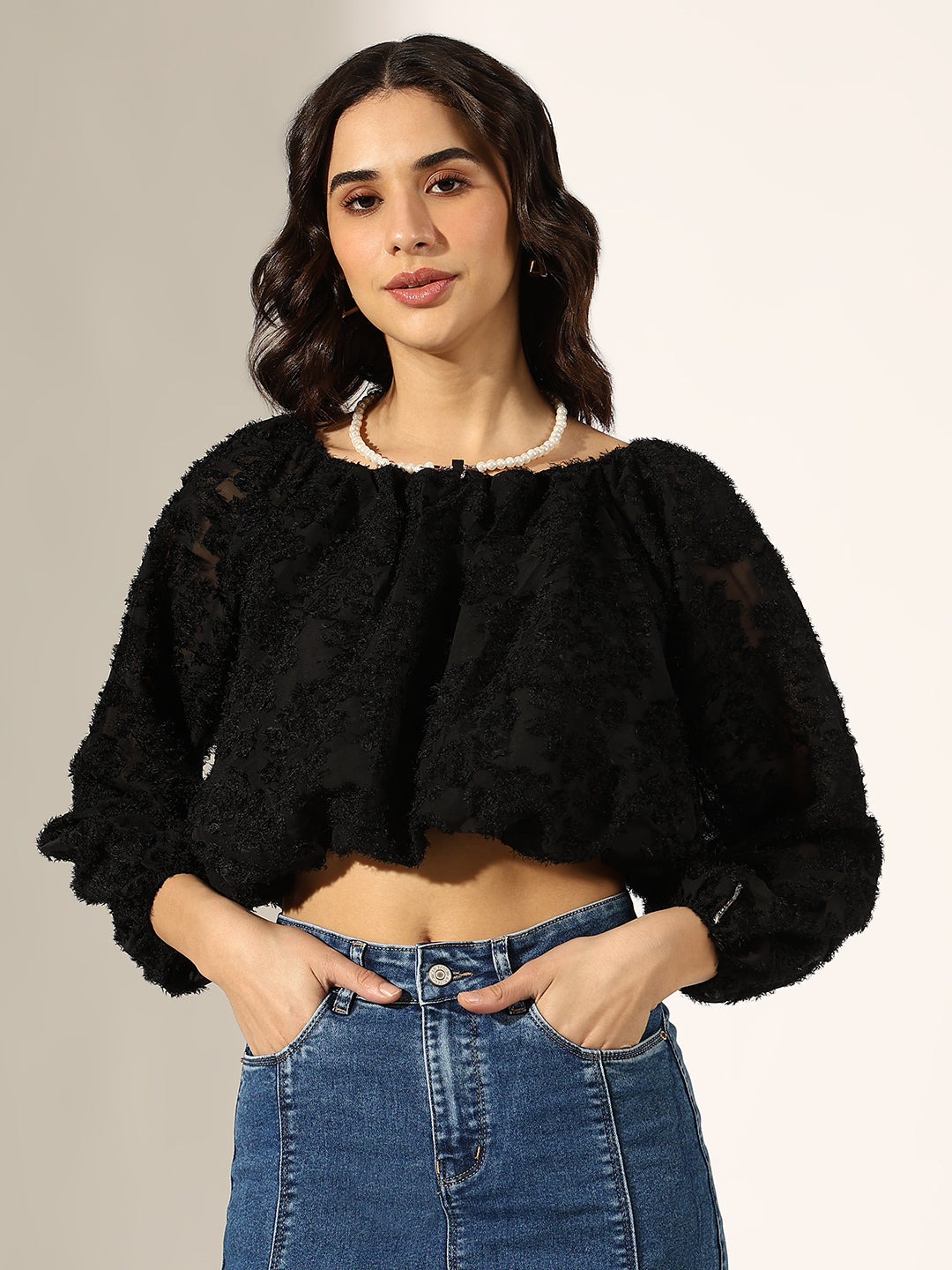Women's Textured Black Puff Sleeve Crop Top with Pearl Chain