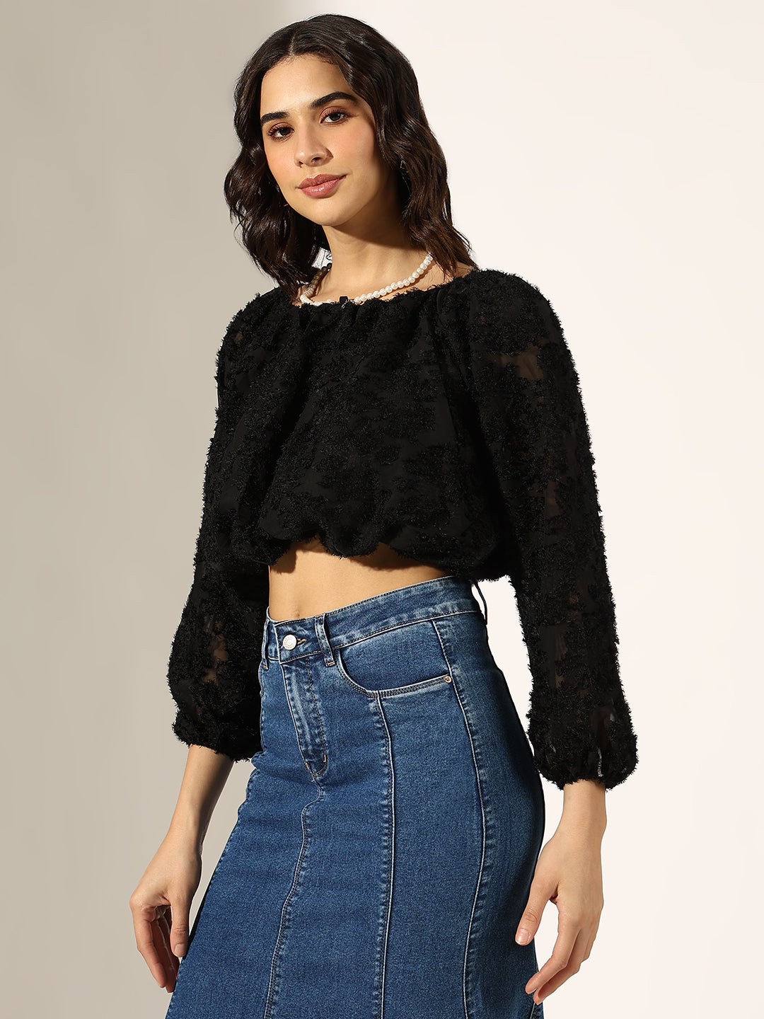 Women's Textured Black Puff Sleeve Crop Top with Pearl Chain
