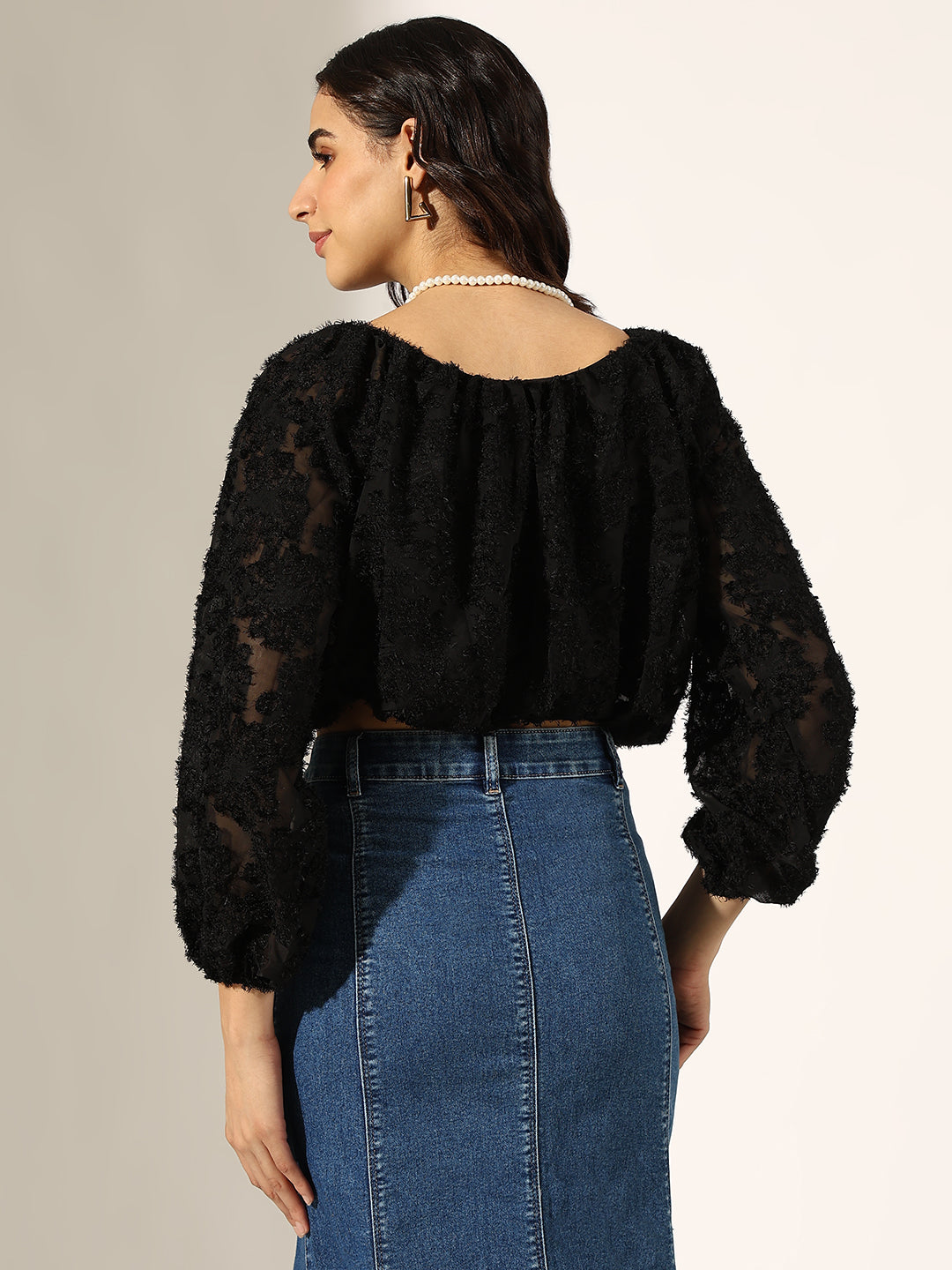 Women's Textured Black Puff Sleeve Crop Top with Pearl Chain
