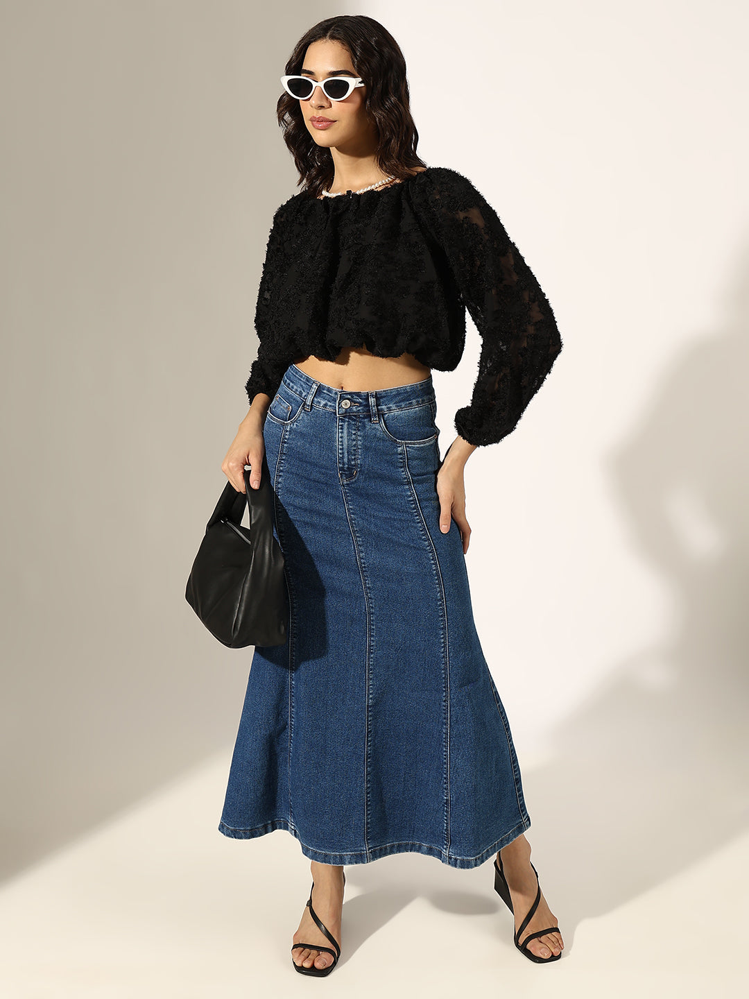 Women's Textured Black Puff Sleeve Crop Top with Pearl Chain