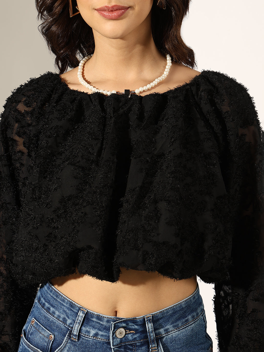 Women's Textured Black Puff Sleeve Crop Top with Pearl Chain