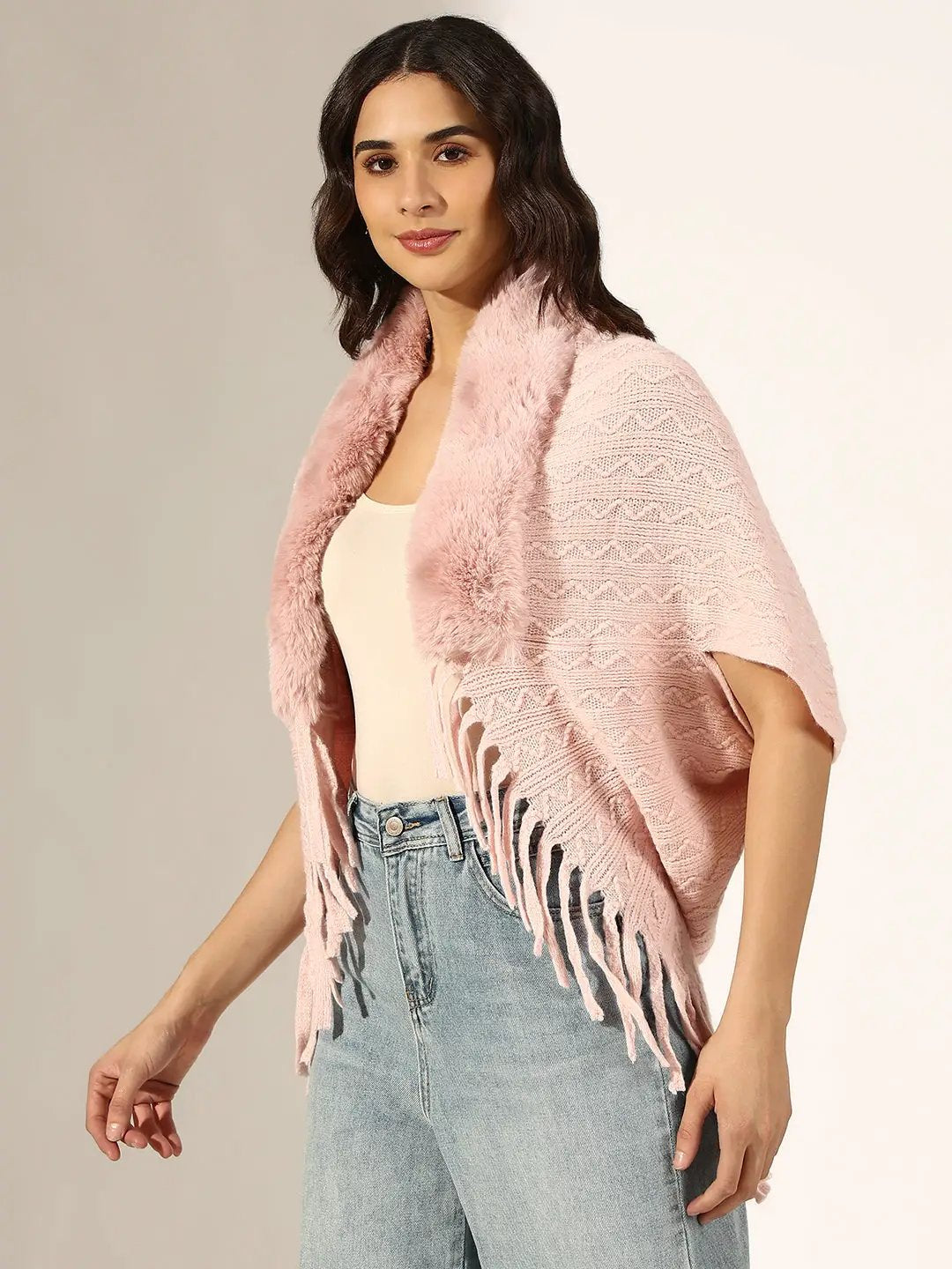 Women's Textured Pink Faux Fur Collar Poncho with Fringed Hem - from SHOWOFFFF