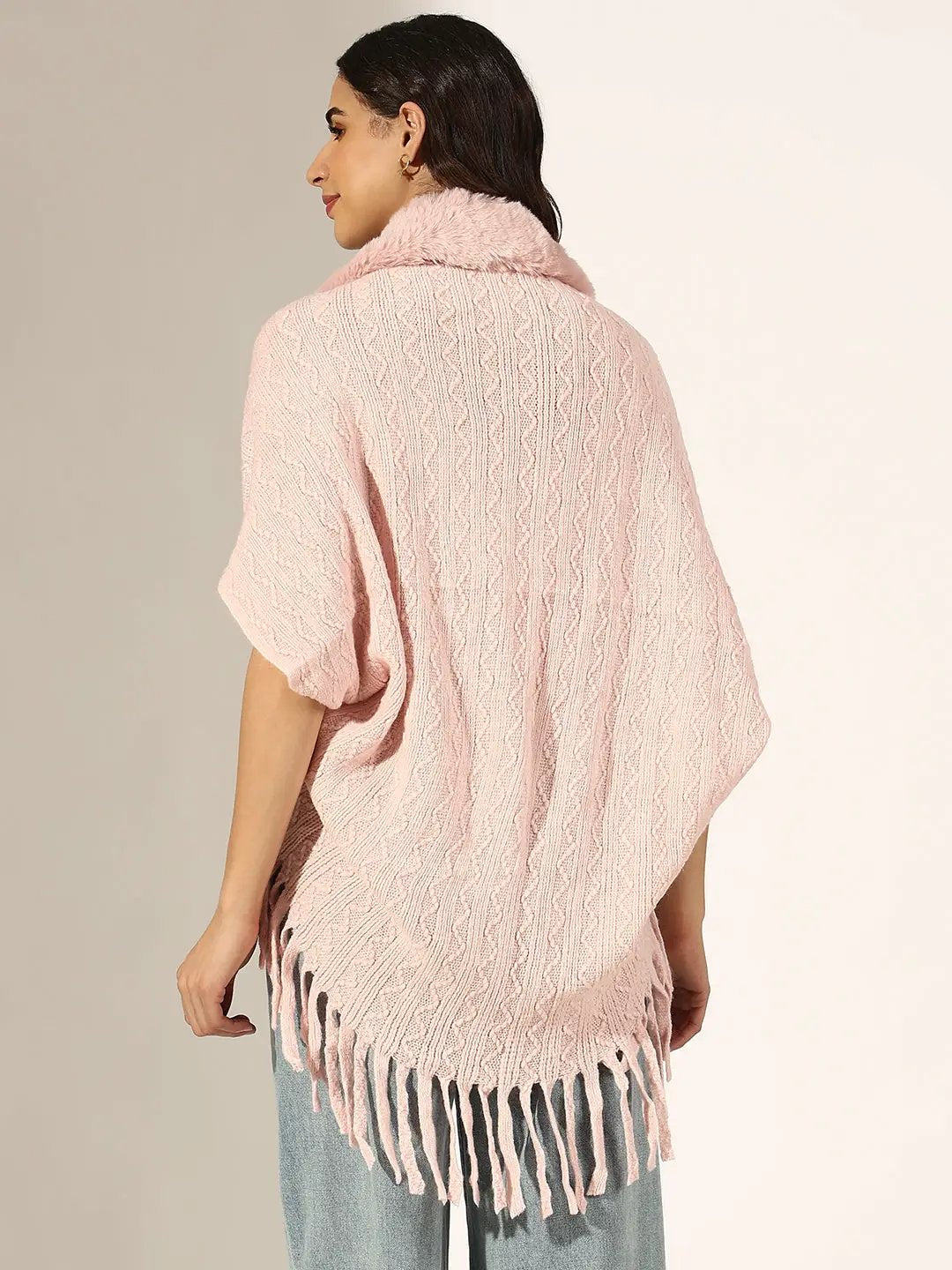 Women's Textured Pink Faux Fur Collar Poncho with Fringed Hem - from SHOWOFFFF