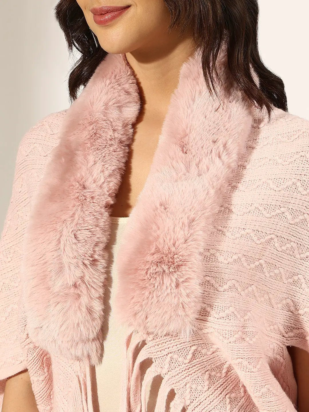 Women's Textured Pink Faux Fur Collar Poncho with Fringed Hem - from SHOWOFFFF