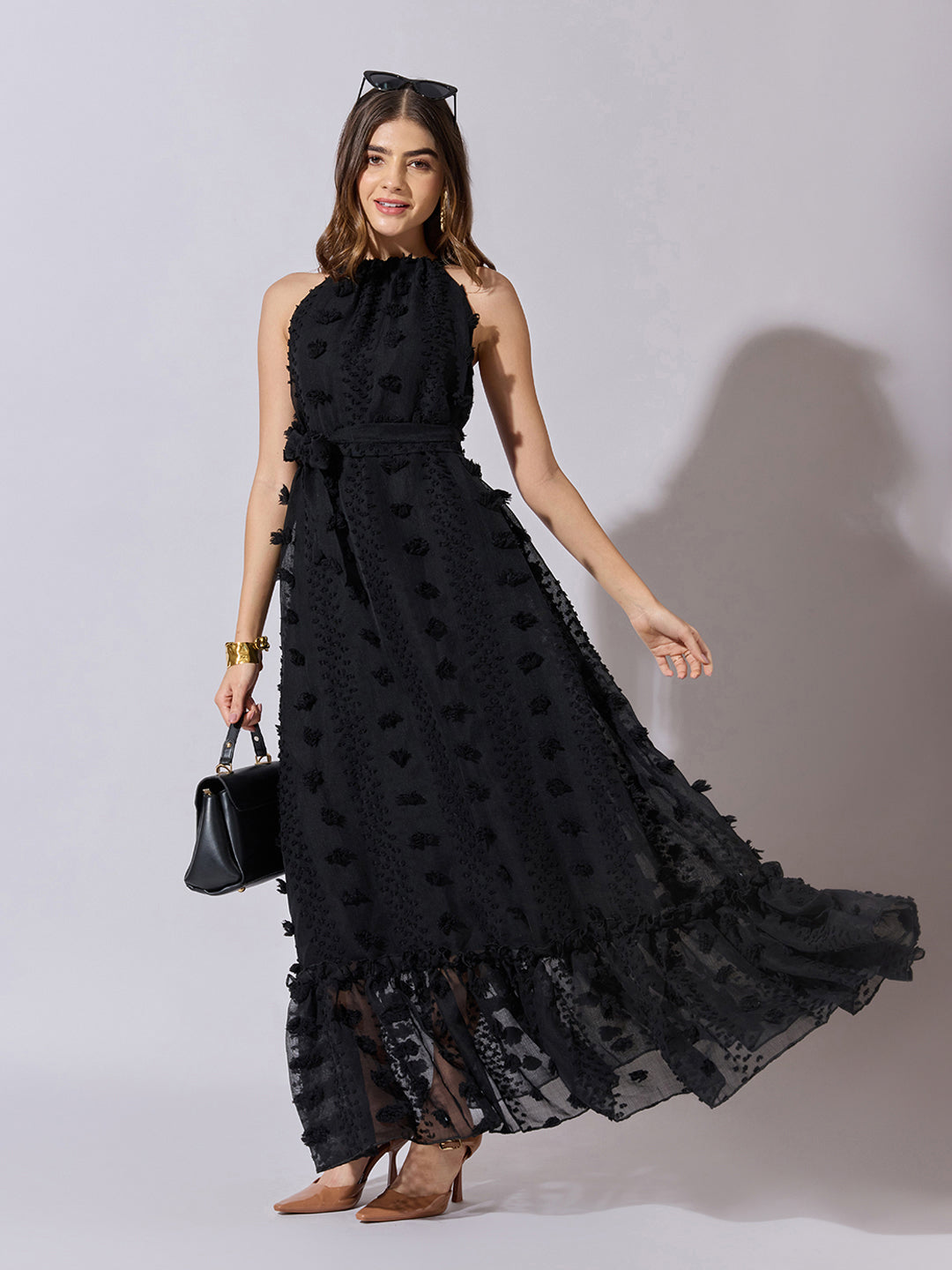 Women's Textured Black Halter Neck Maxi Dress