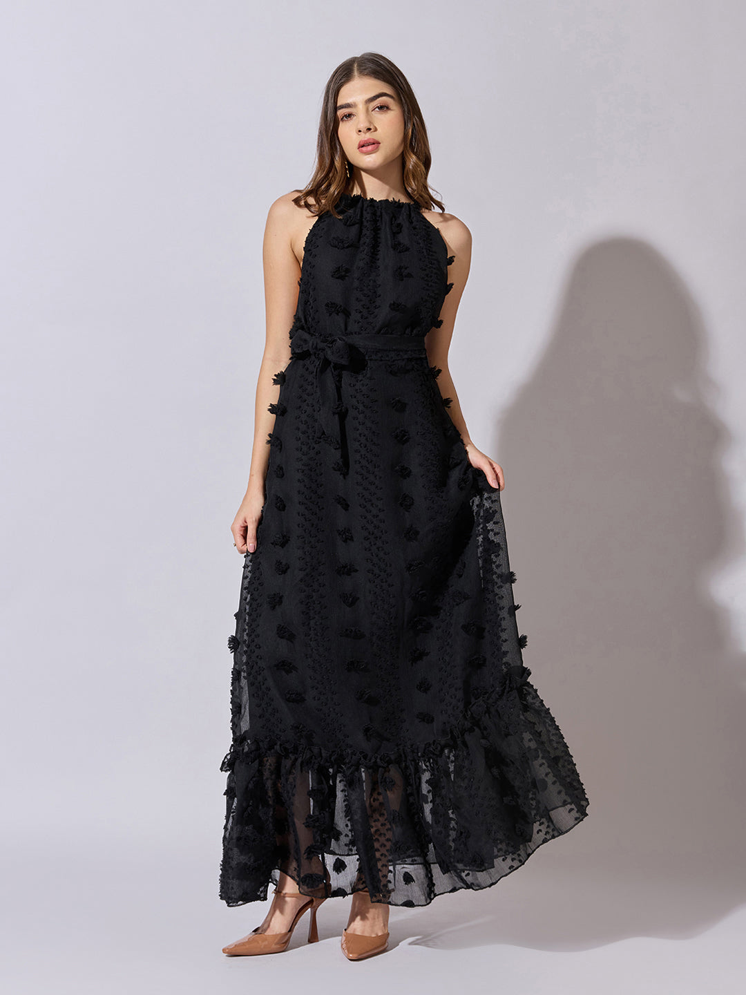 Women's Textured Black Halter Neck Maxi Dress