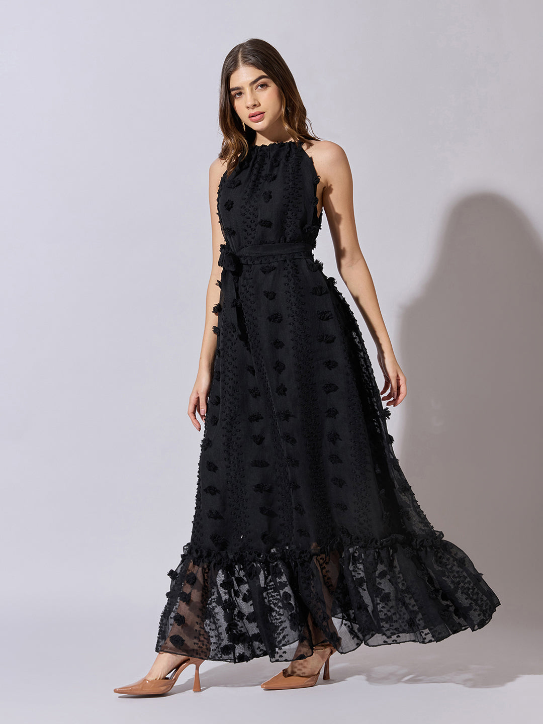 Women's Textured Black Halter Neck Maxi Dress