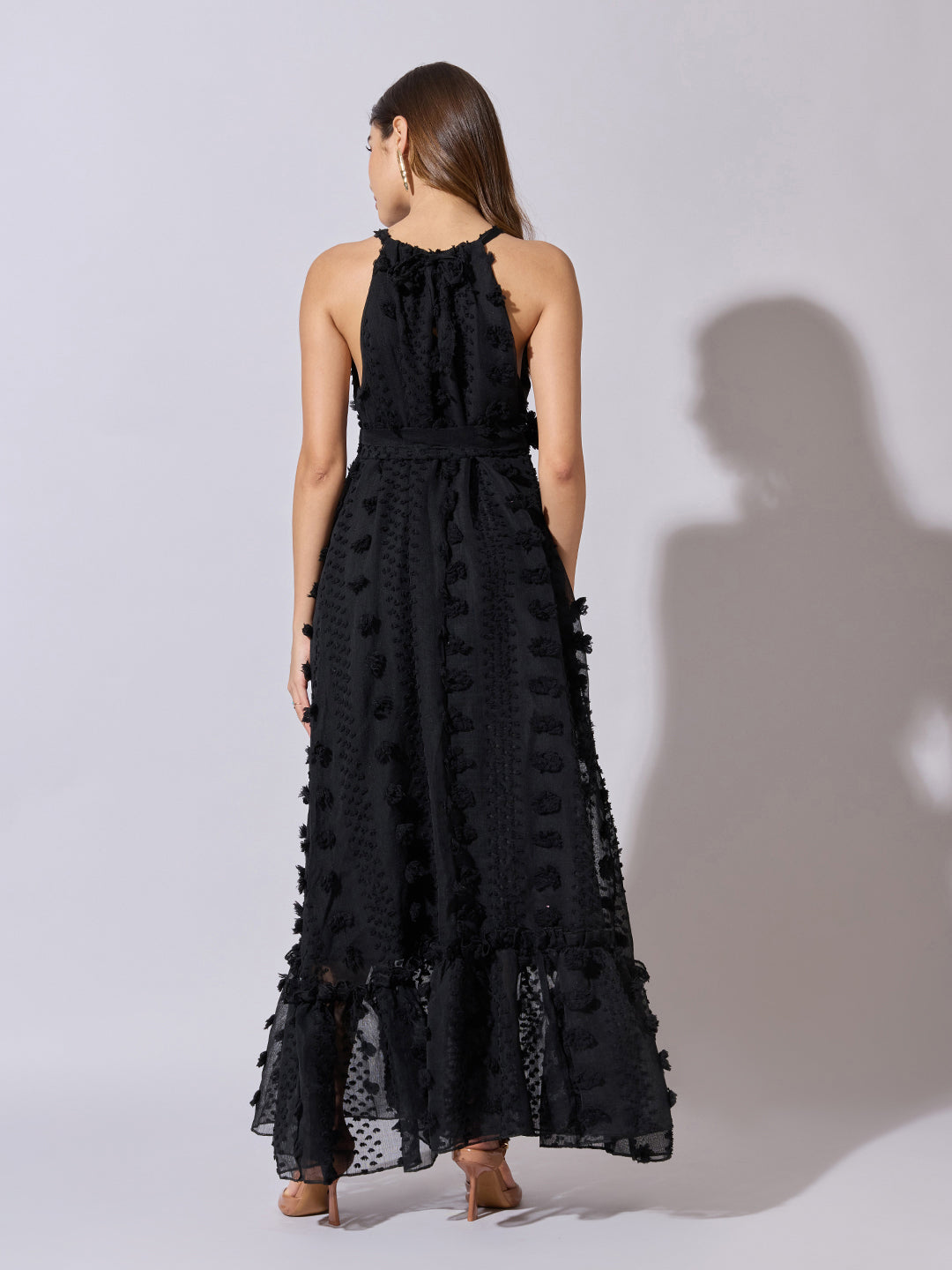 Women's Textured Black Halter Neck Maxi Dress