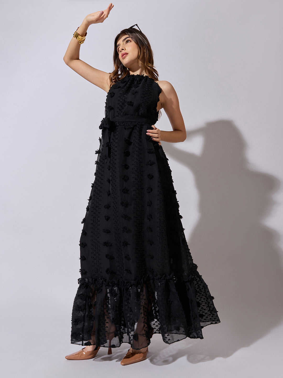 Women's Textured Black Halter Neck Maxi Dress