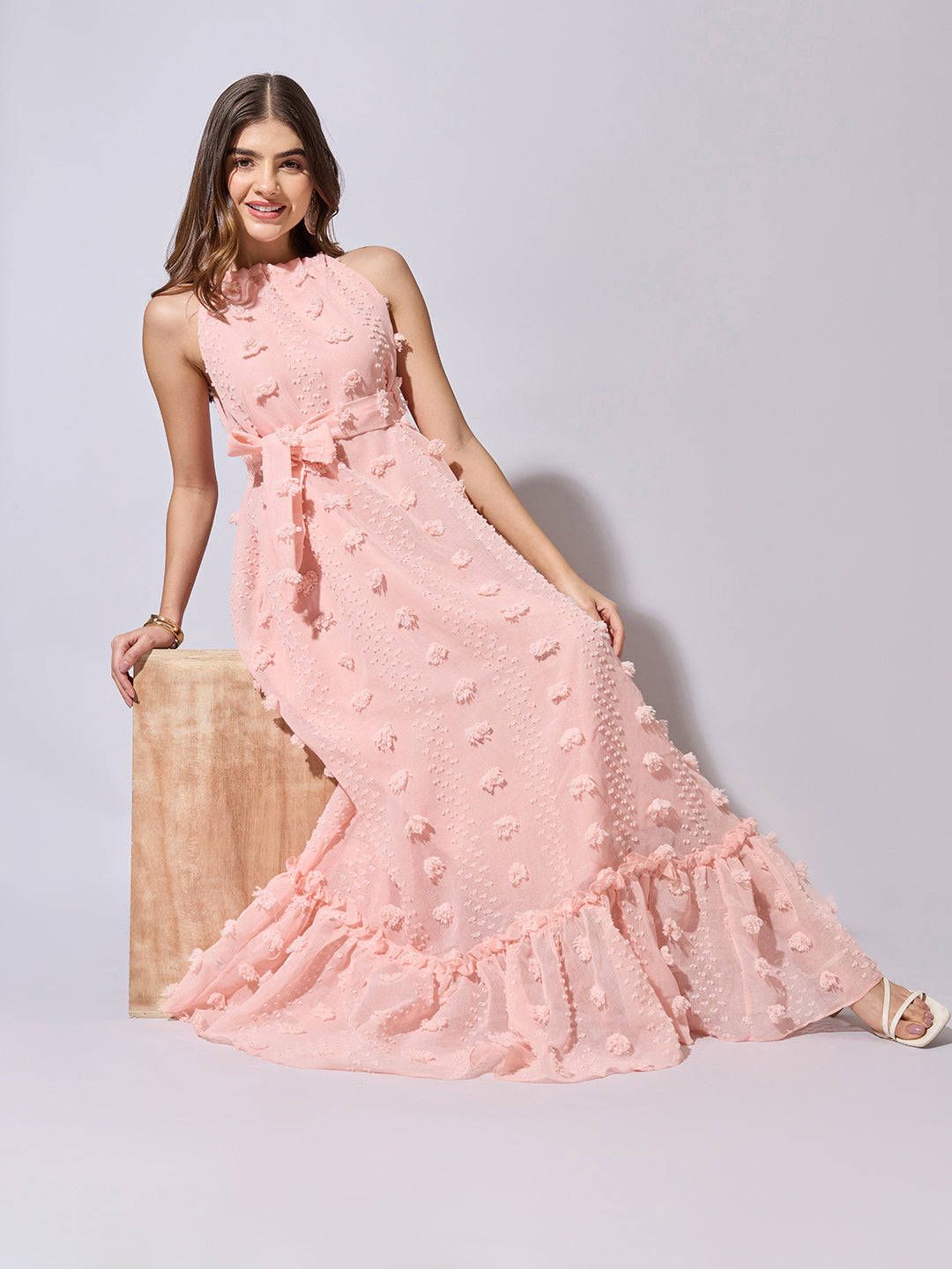 Women's Textured Peach Halter Neck Maxi Dress