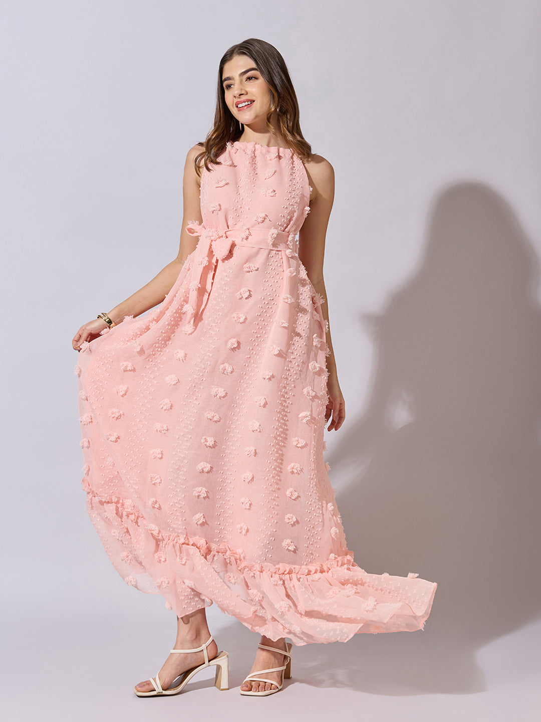 Women's Textured Peach Halter Neck Maxi Dress