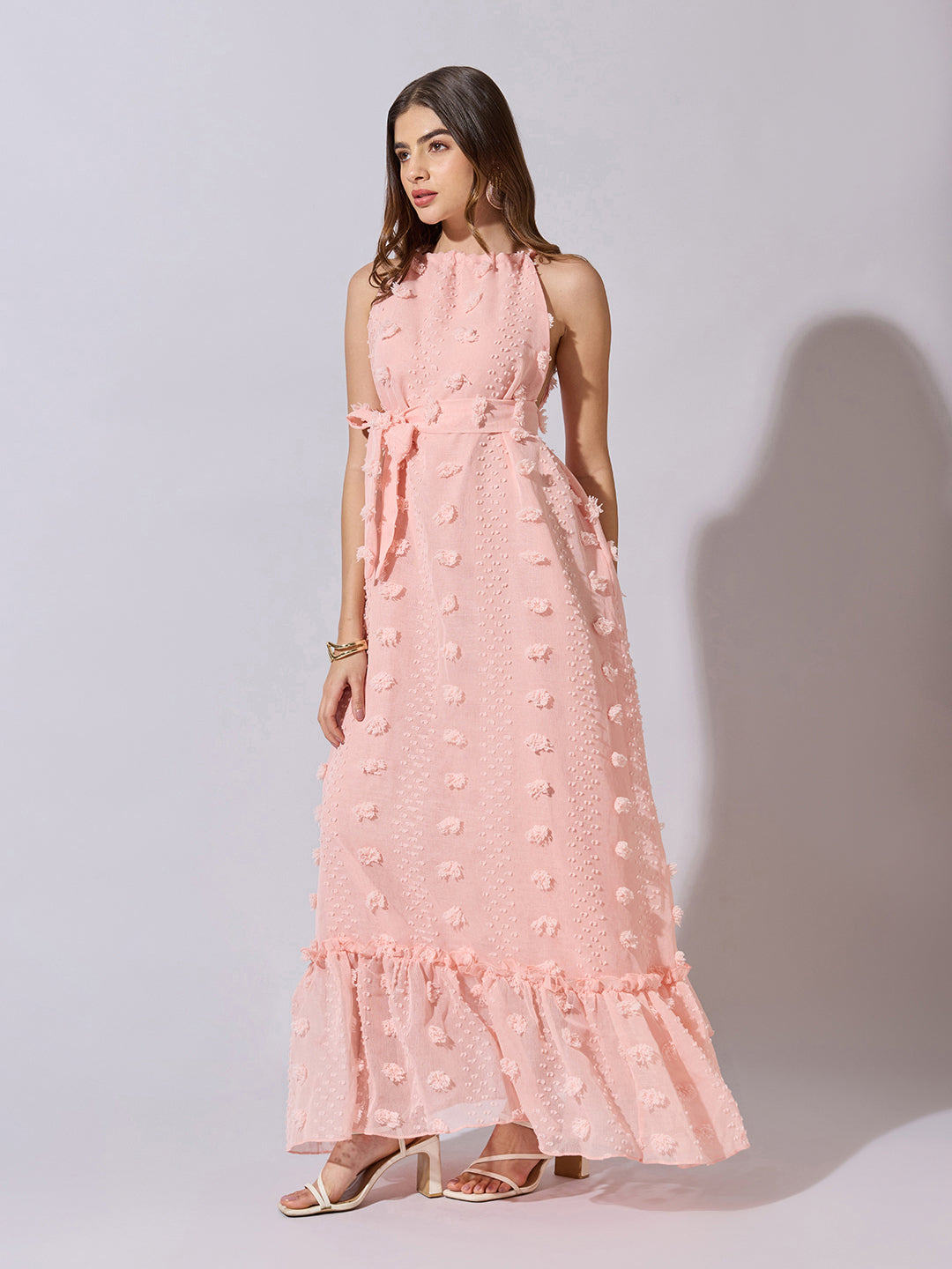 Women's Textured Peach Halter Neck Maxi Dress