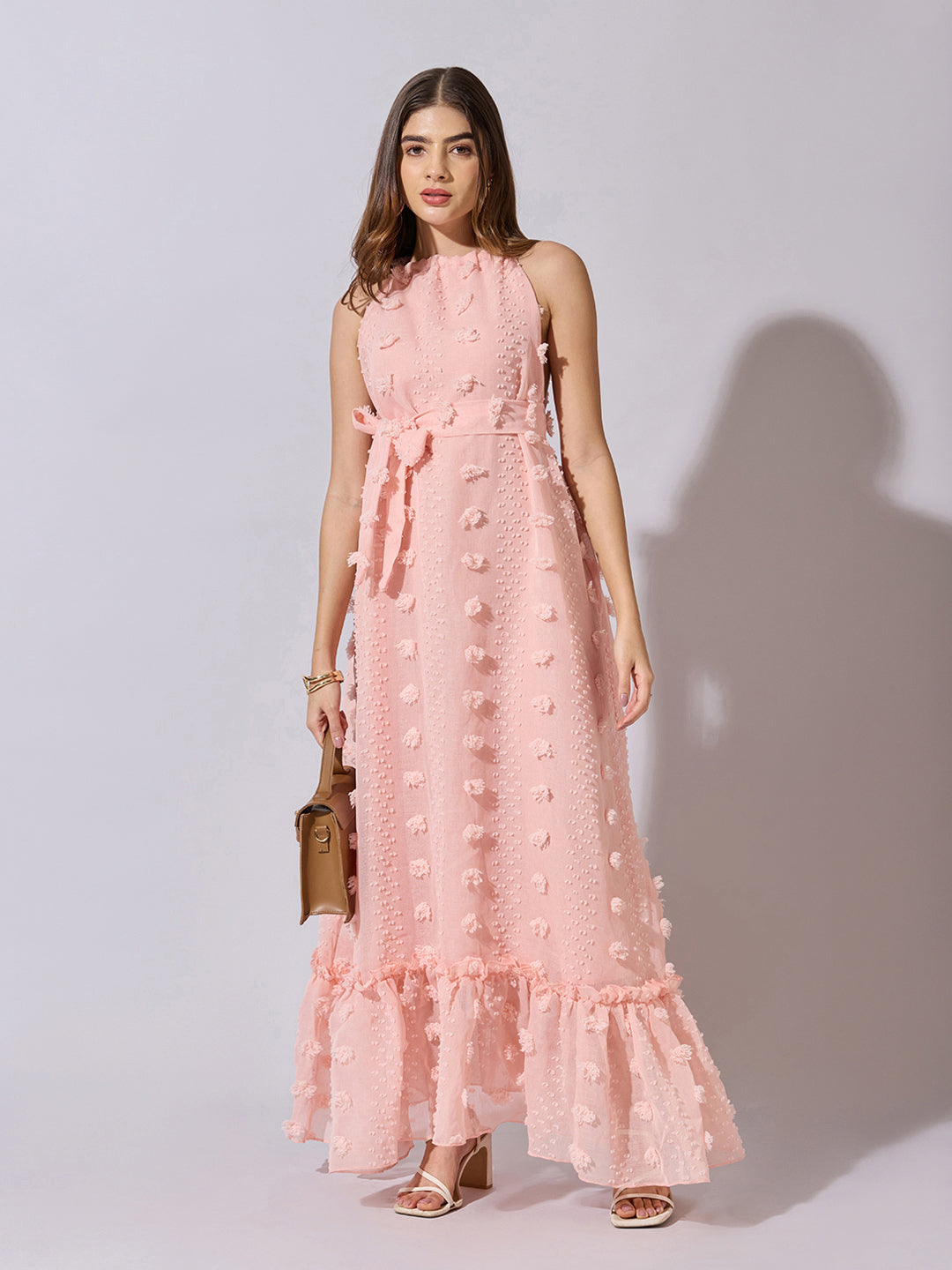 Women's Textured Peach Halter Neck Maxi Dress