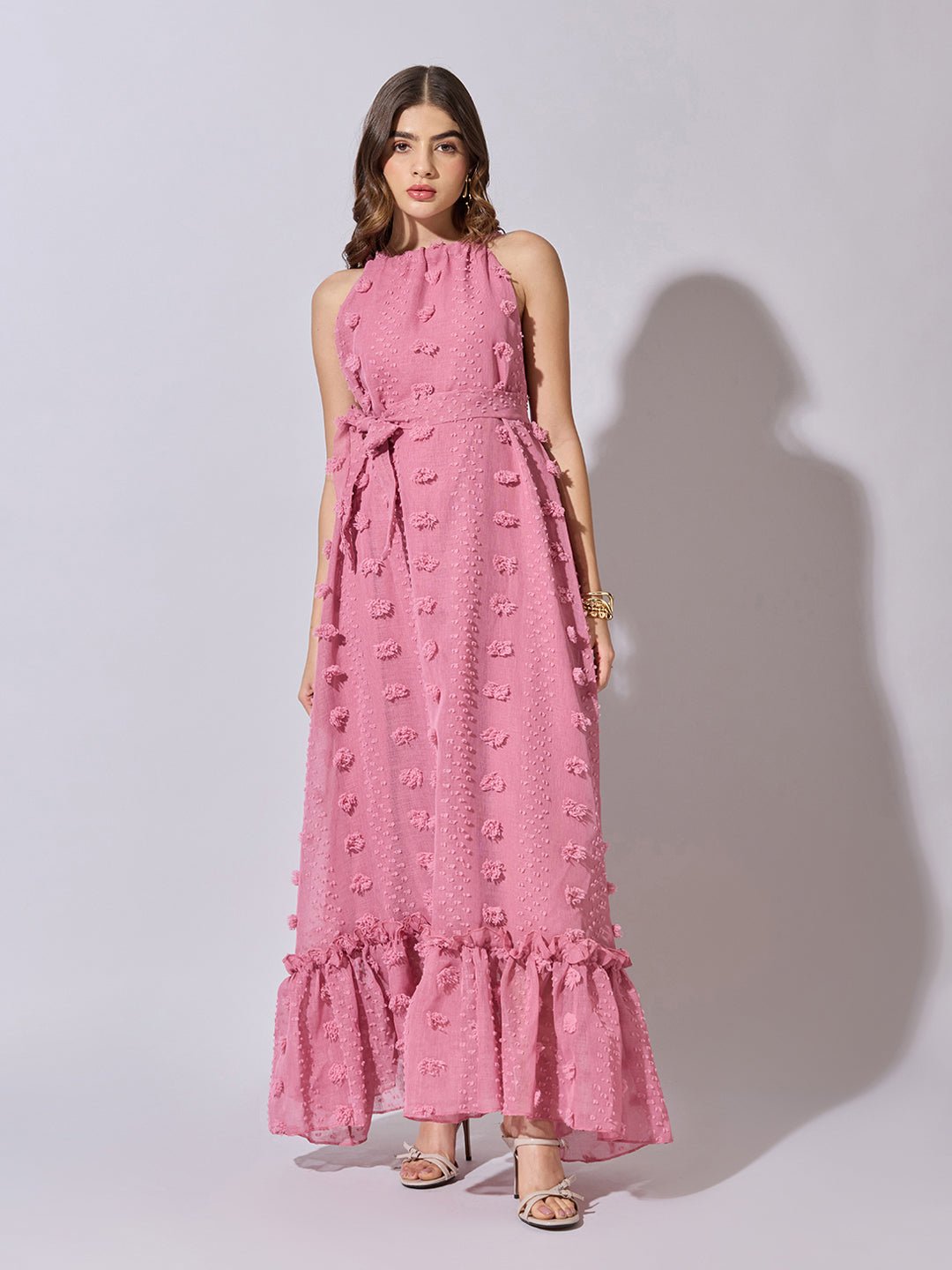 Women's Textured Pink Halter Neck Maxi Dress