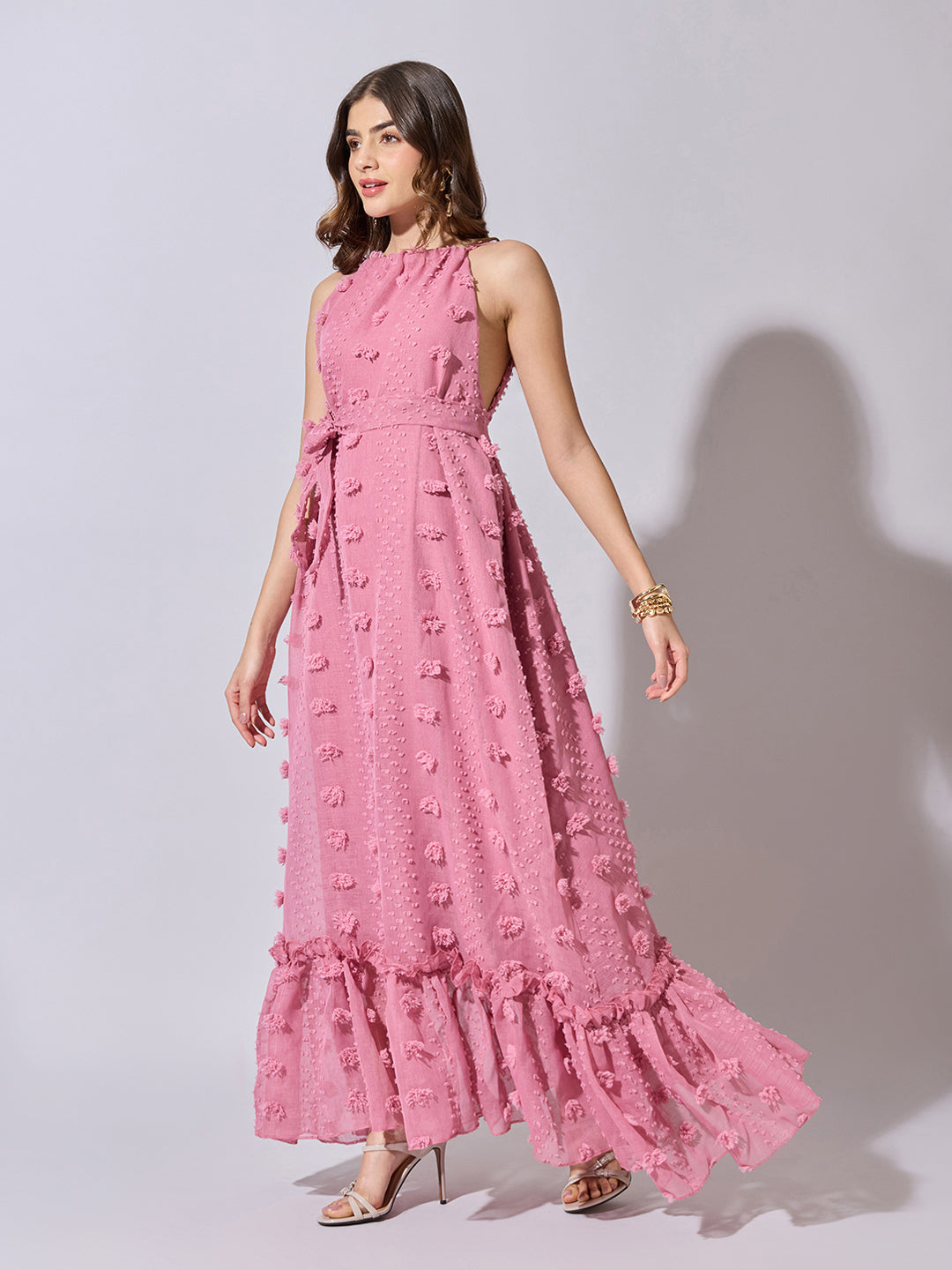 Women's Textured Pink Halter Neck Maxi Dress