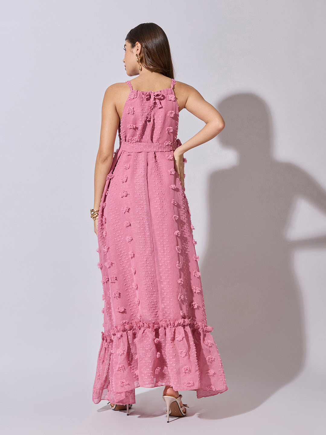 Women's Textured Pink Halter Neck Maxi Dress