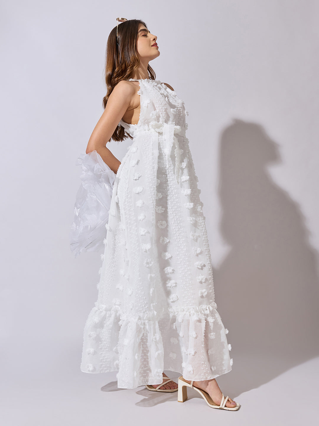 Women's Textured White Halter Neck Maxi Dress