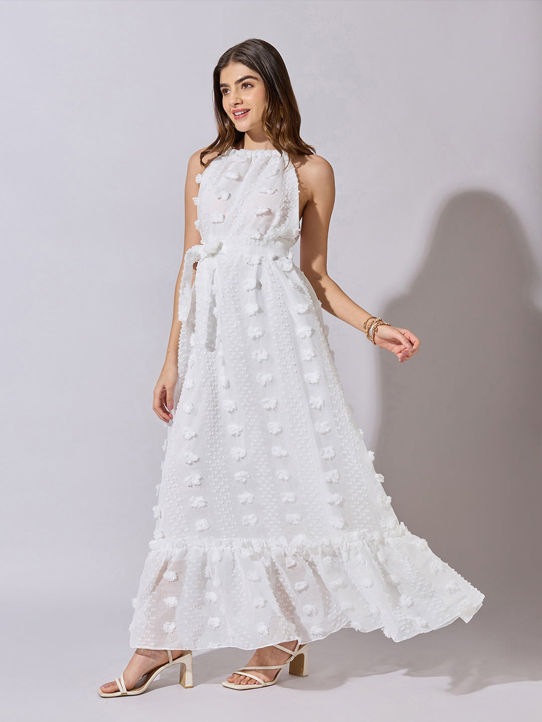 Women's Textured White Halter Neck Maxi Dress