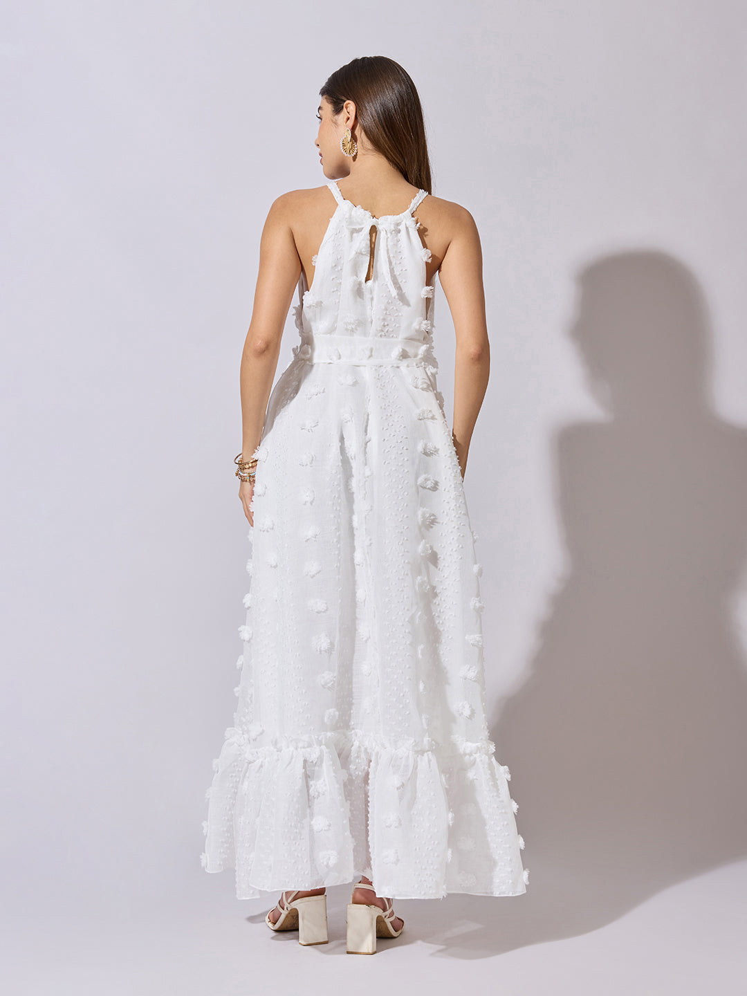 Women's Textured White Halter Neck Maxi Dress