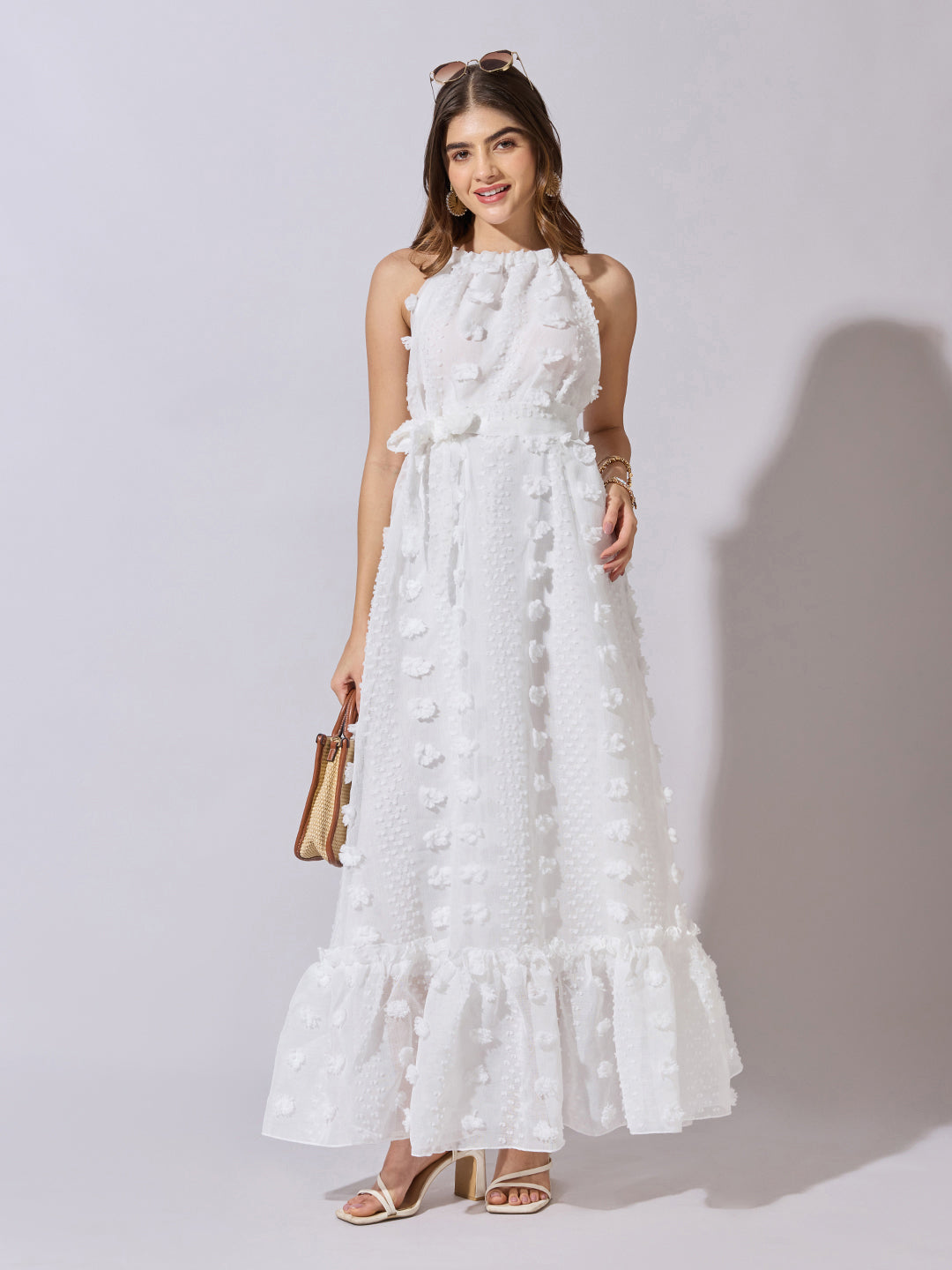 Women's Textured White Halter Neck Maxi Dress