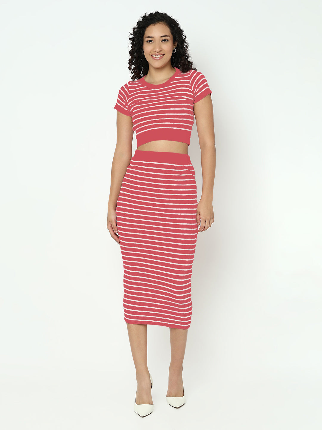 Women's Striped Pink Round Neck Short Sleeves Top with Skirt Co-ord Set